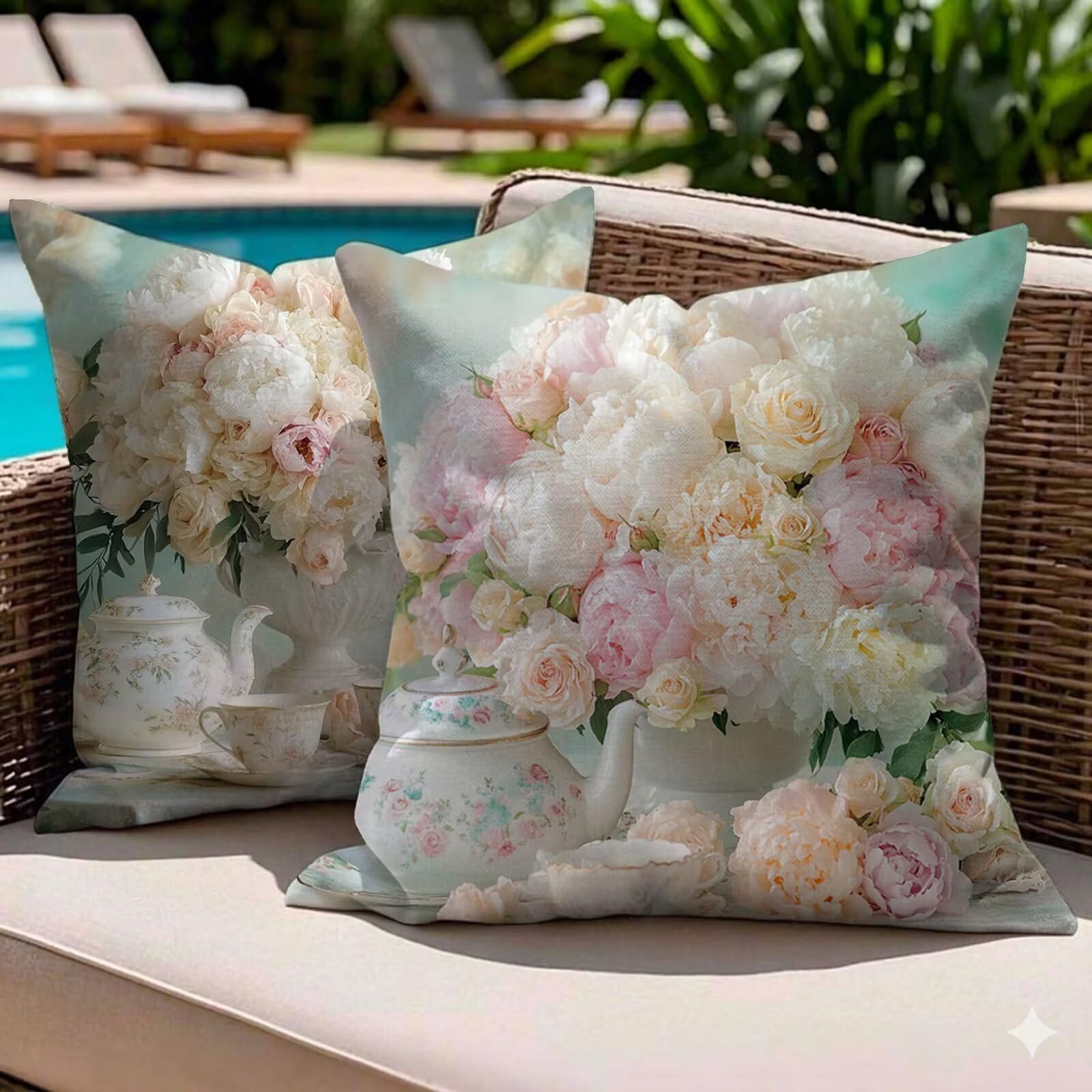 Housses de coussin extérieur imperméables 40x40 cm lot de 2 blanc motif fleur
