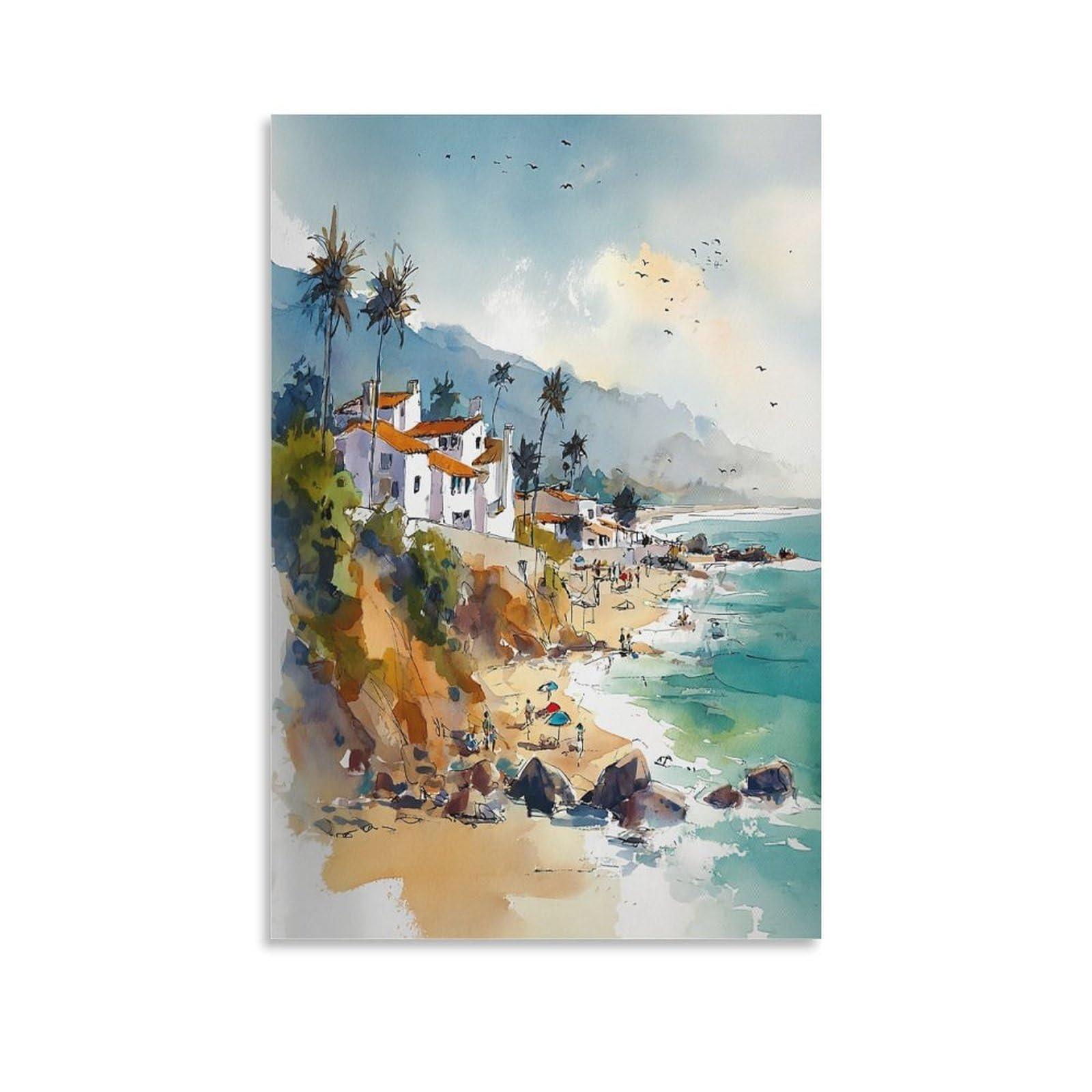 XWYMXZ Laguna Beach Watercolor Painting Coastal Travel Posters 20x30inch(50x75cm) Vintage Watercolor Canvas Art