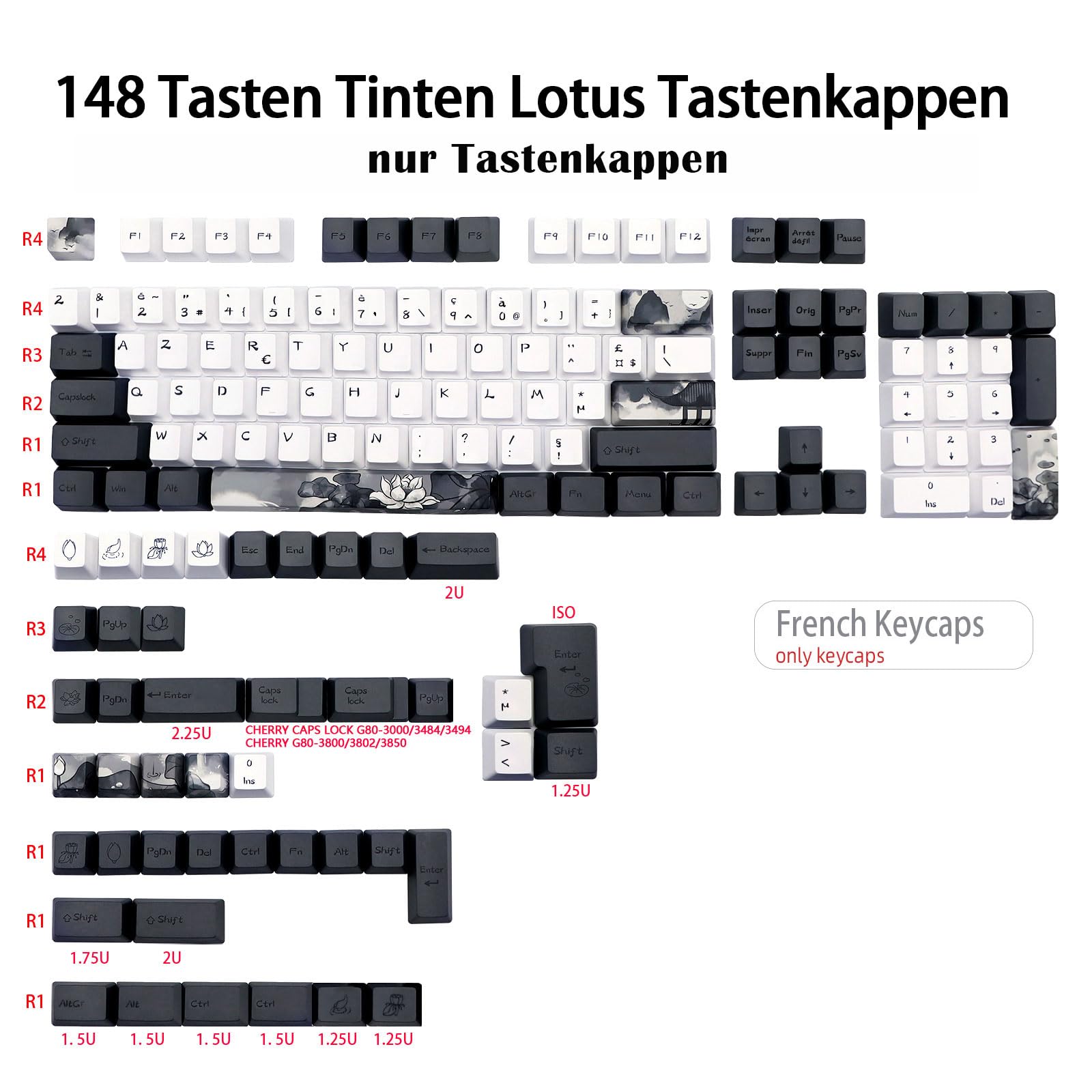 JSJT Capuchons de touches d'encre Lotus ISO français 148 touches PBT Profil OEM avec extracteur de touches pour claviers mécaniques Cherry MX Switch 61/68/84/87/96/108