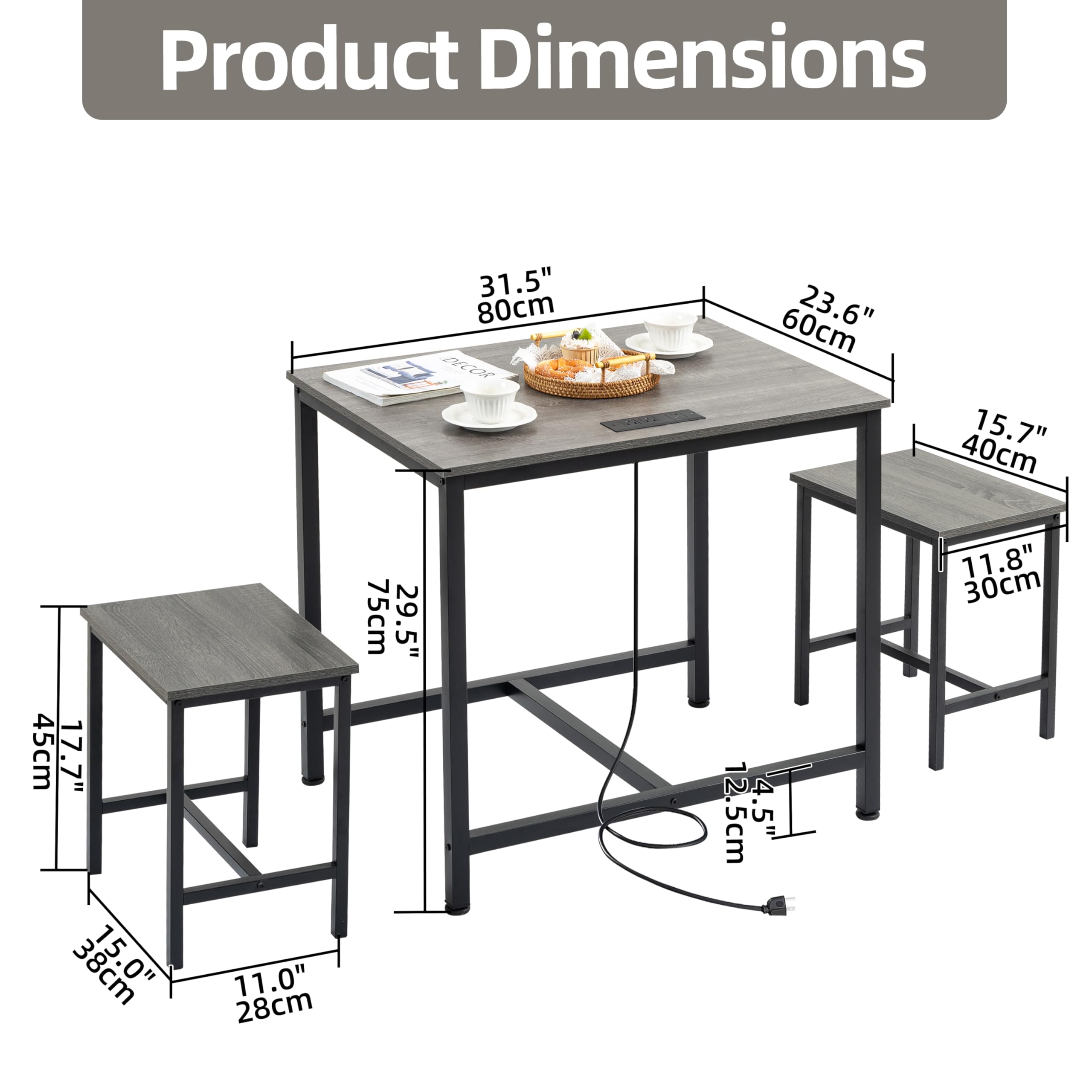 Juego de mesa de comedor de 3 piezas, mesa de cocina pequeña con 2 sillas, luz LED y toma de corriente USB tipo C, diseño que ahorra espacio para comedor, sala de estar, apartamento, gris y 5