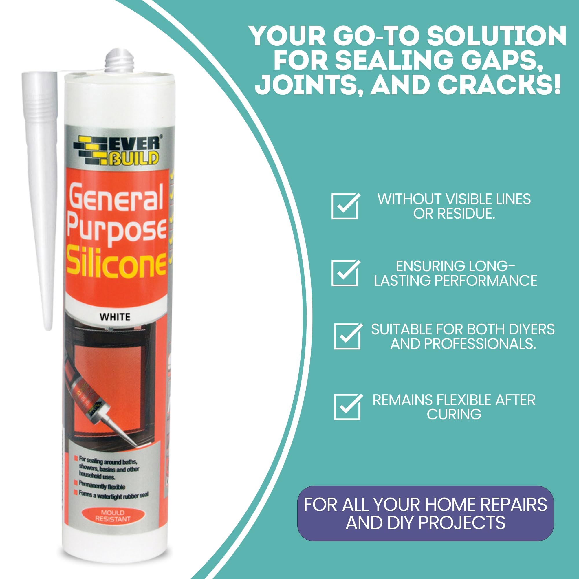 Everbuild General Purpose Silicone Sealant White 280ml, Pro Dec Strong Skeleton Caulking Gun & Microfibre Cloth - Image 2