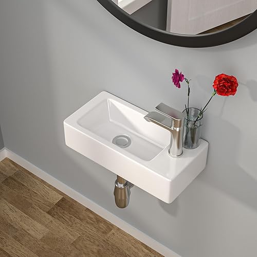 Kichae Fregadero de baño pequeño montado en la pared, rectangular de 15 x 7 pulgadas, lavabo de cerámica blanca pequeña con orificio para grifo,