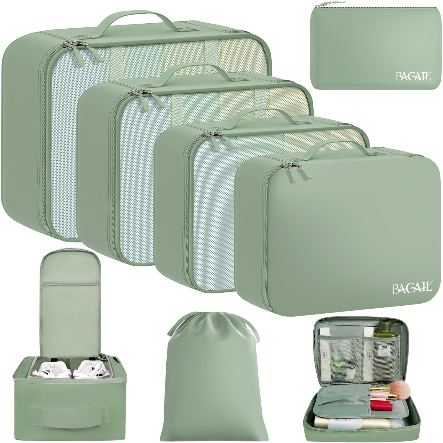 BAGAIL 8 Set Packing Cubes Luggage Packing Organizers for Travel Accessories-Matcha Green