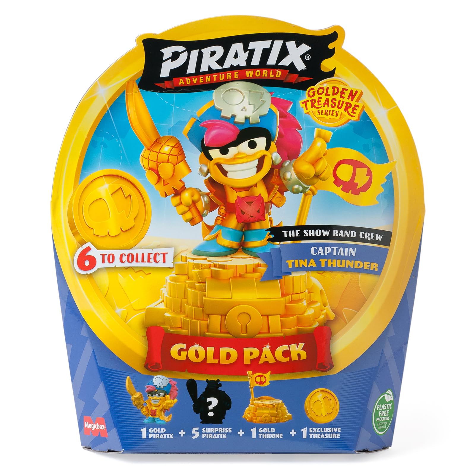 PIRATIX ADVENTURE WORLD Golden Treasure Series - Gold Pack The Champs Crew. Includes 5 Piratix Surprise, 1 Exclusive Treasure, 1 Exclusive Flag, 1 Podium, 6 Accessories and the Golden Captain King