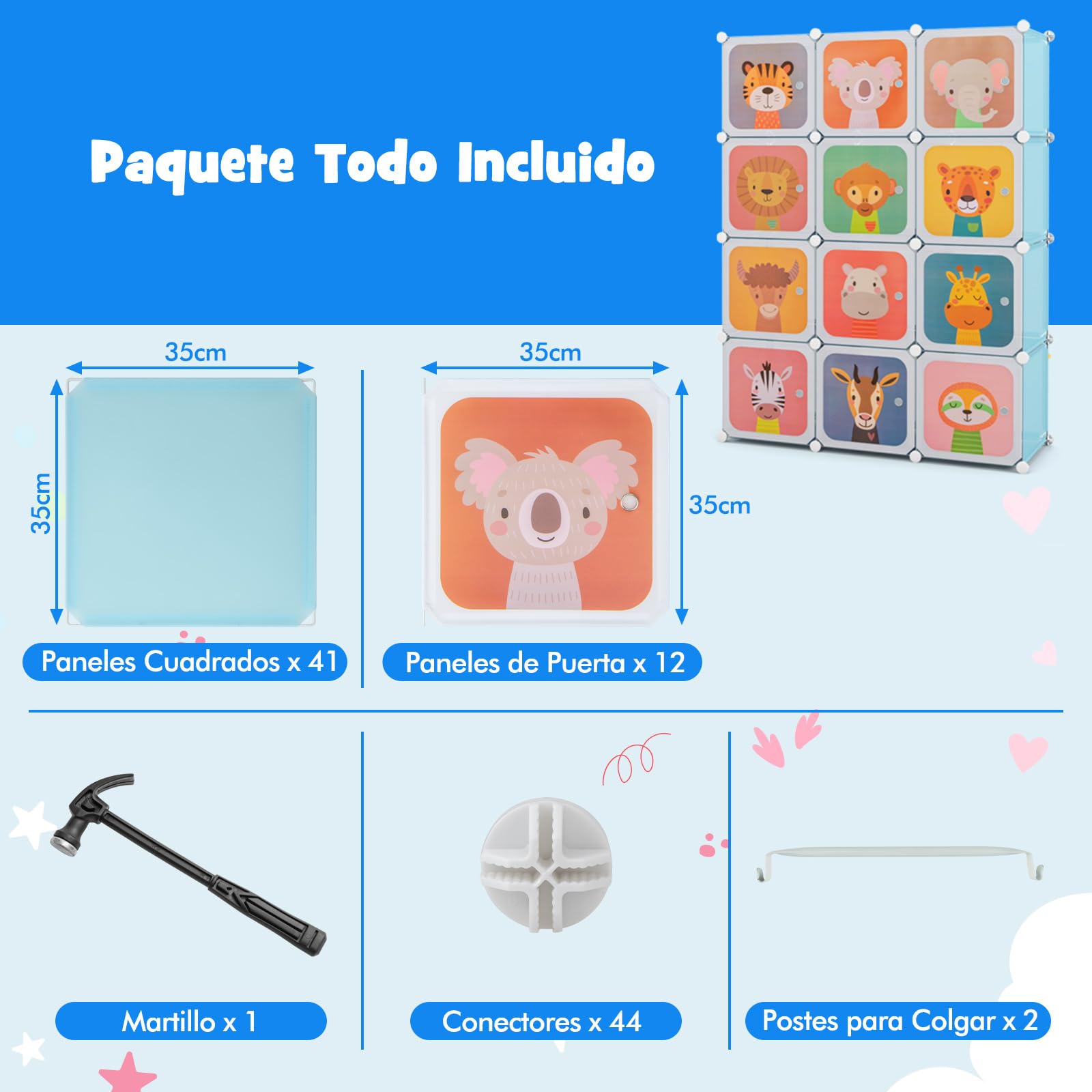 COSTWAY Armario Modular Infantil de 12 Cubos, Organizador con 2 Secciones para Colgar, Cajonera para Juguetes (Azul)