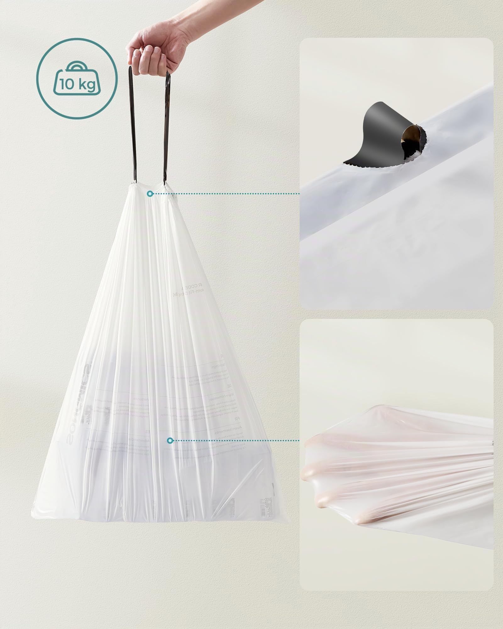 SONGMICS Sacchi Spazzatura, Sacchetti per Immondizia con Manici a Cordoncino, Sacchi per Pattumiere da Cucina da 30L, Pre-separati, Codice 30A, 2 Rotoli, 90 Pezzi, Bianco KRB30A02