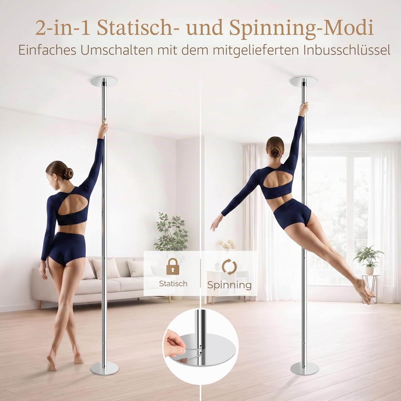 Leogreen Profi Tanzstange Pole Dance Stange, Statisch und schwenkbar, bis 200kg belastbar, Galvanisierter Chromstahl, für Fitnessübungen, Club, Party