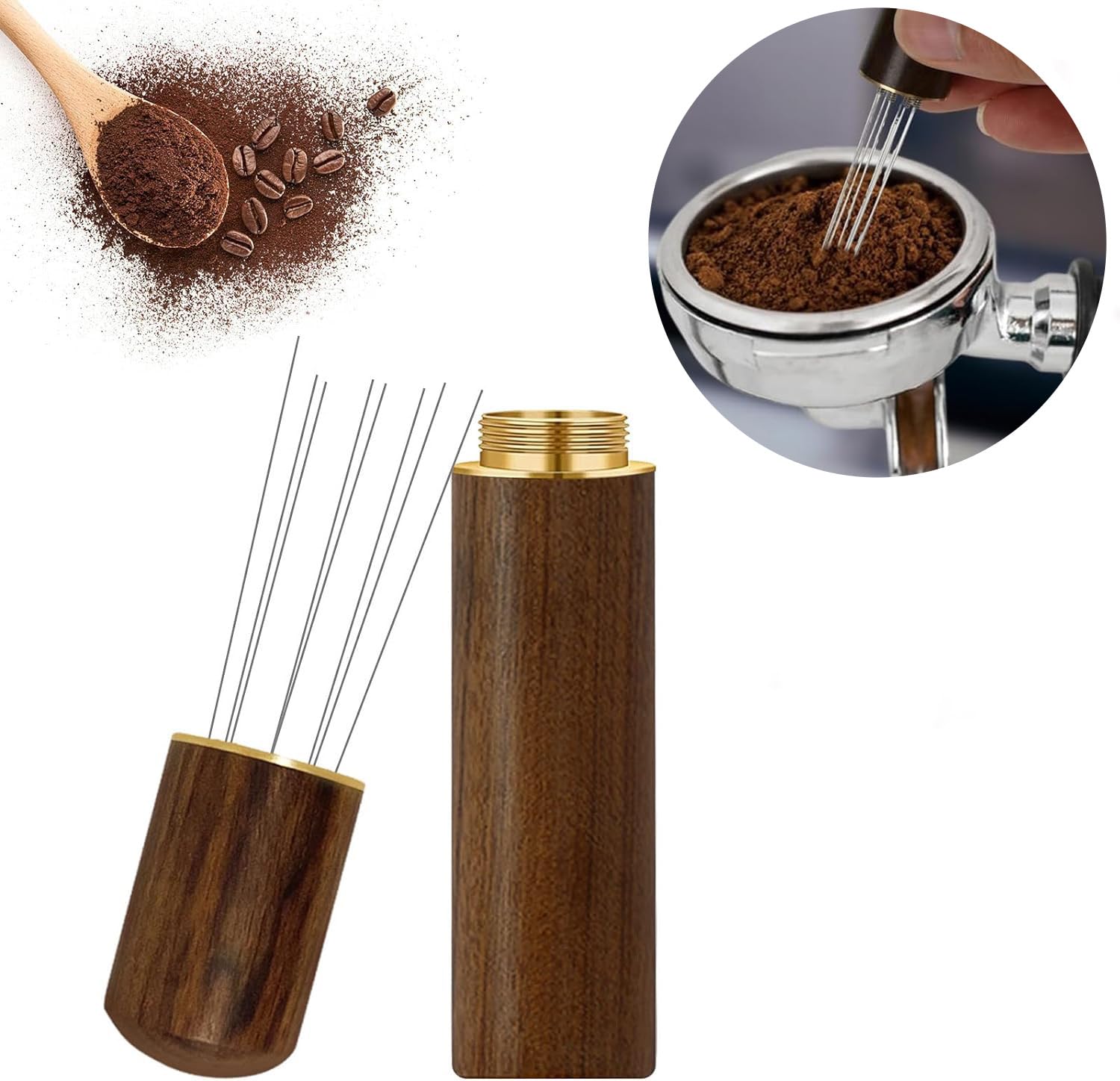 WDT Tool,Kaffeerührer Werkzeug, Tragbarer Kaffee-Rührer, Espresso Nadel mit 8 0.25mm Feine Edelstahlnadeln, Coffee Distributor Tamper, Espresso Kaffeerührer mit Holz Griff