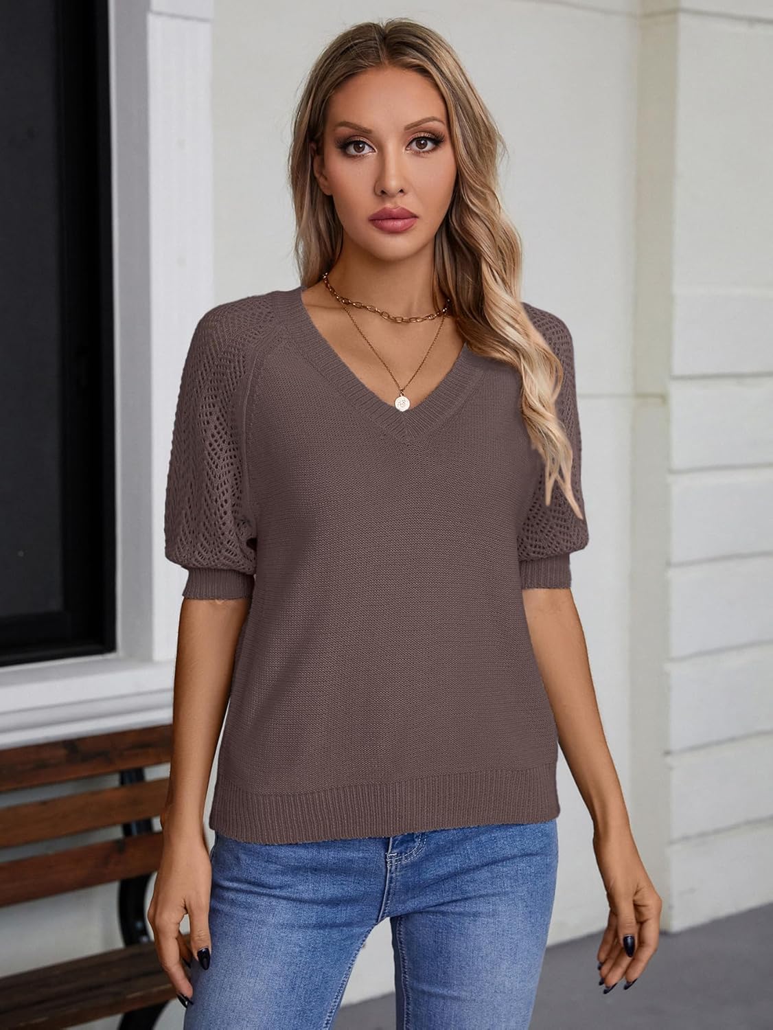 Women Half Sleeve Knitted Sweater, Fall Summer Solid Hollow Crochet Top - V Neck, Elasticity, No Pilling, Lightweight - Image 6