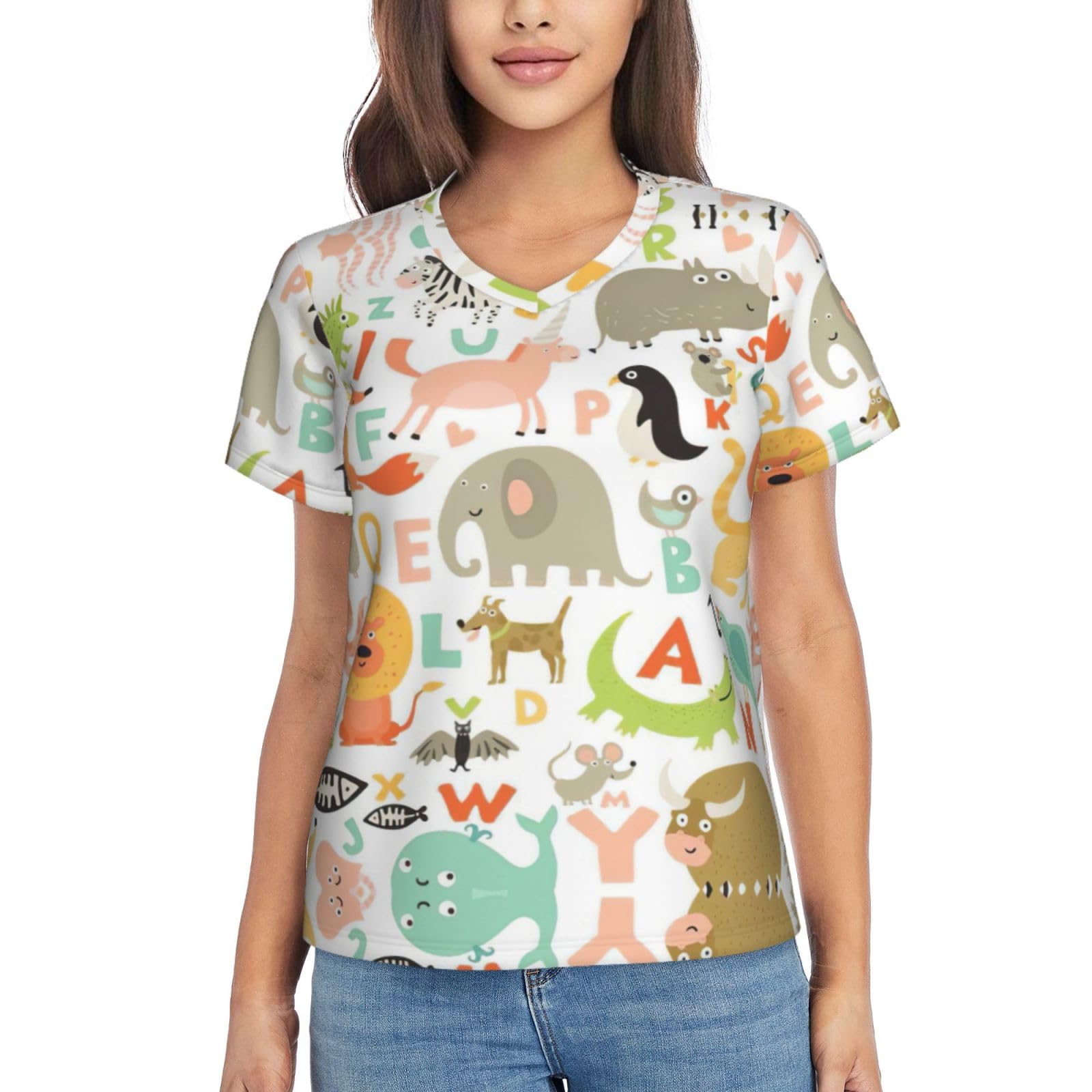 LimPacZoo Alphabet Animal Women's Sleeve Short Tops Shirts, V-Neck Casual Basic Tee Shirt for Summer Home Workout