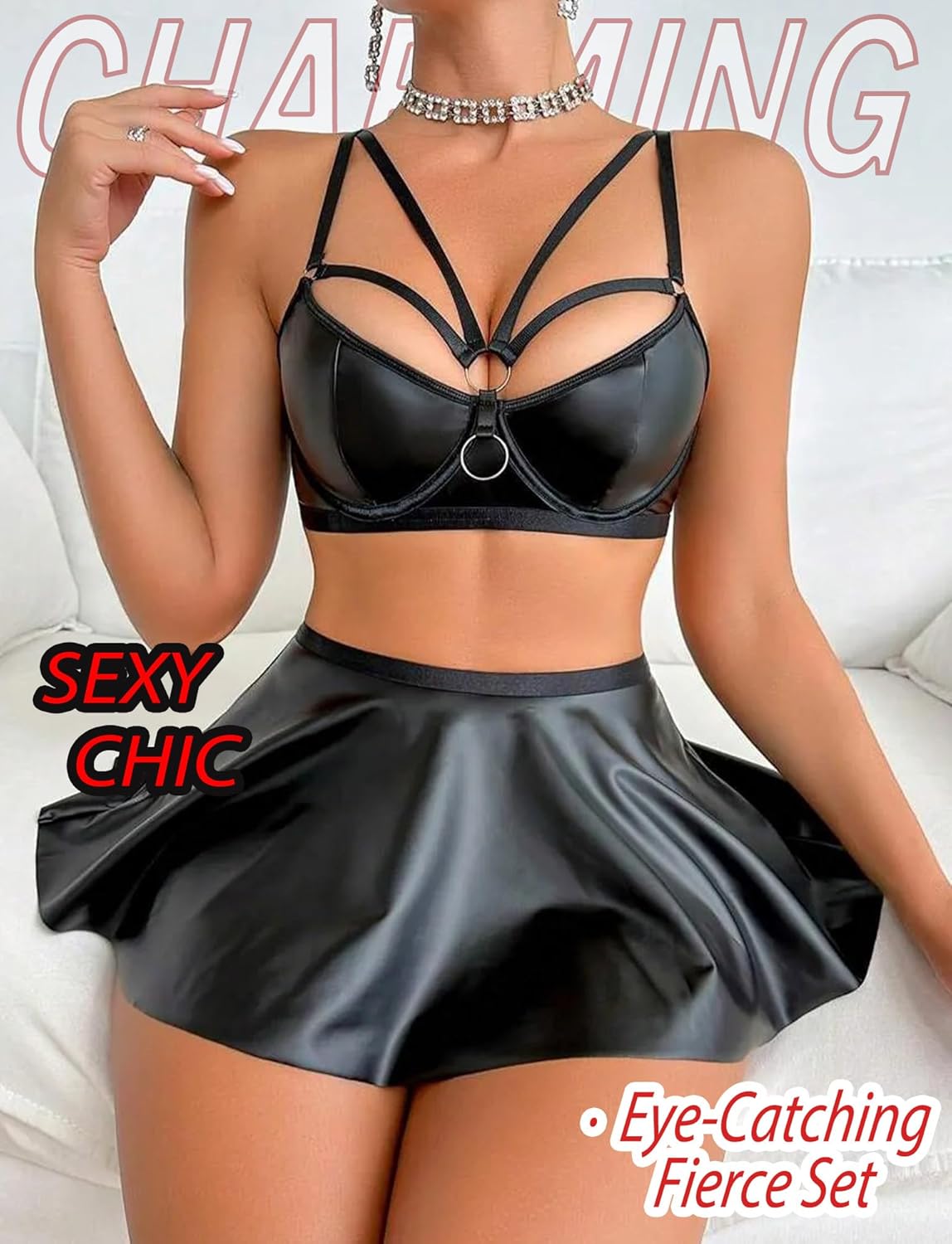 Sexy Strappy Leather Underwire Mini Skirt Bra Top Lingerie Set for Women - Image 3