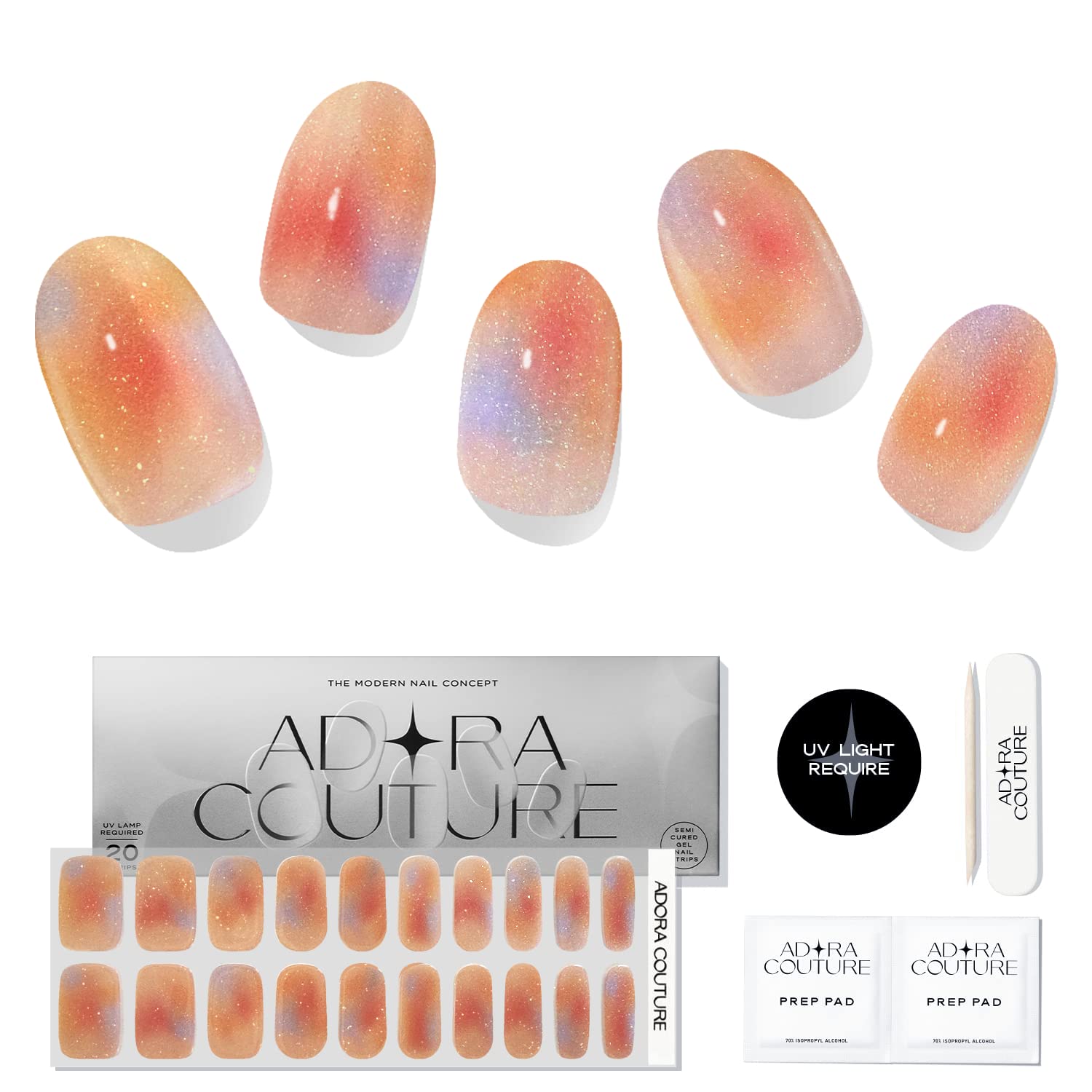 Adora Couture Semi Cured Gel Nail Strips with 20-Pieces, Salon Quality Wraps for Women, Orange Glitter Ombre, UV Gel Stickers (Glitter Haze)
