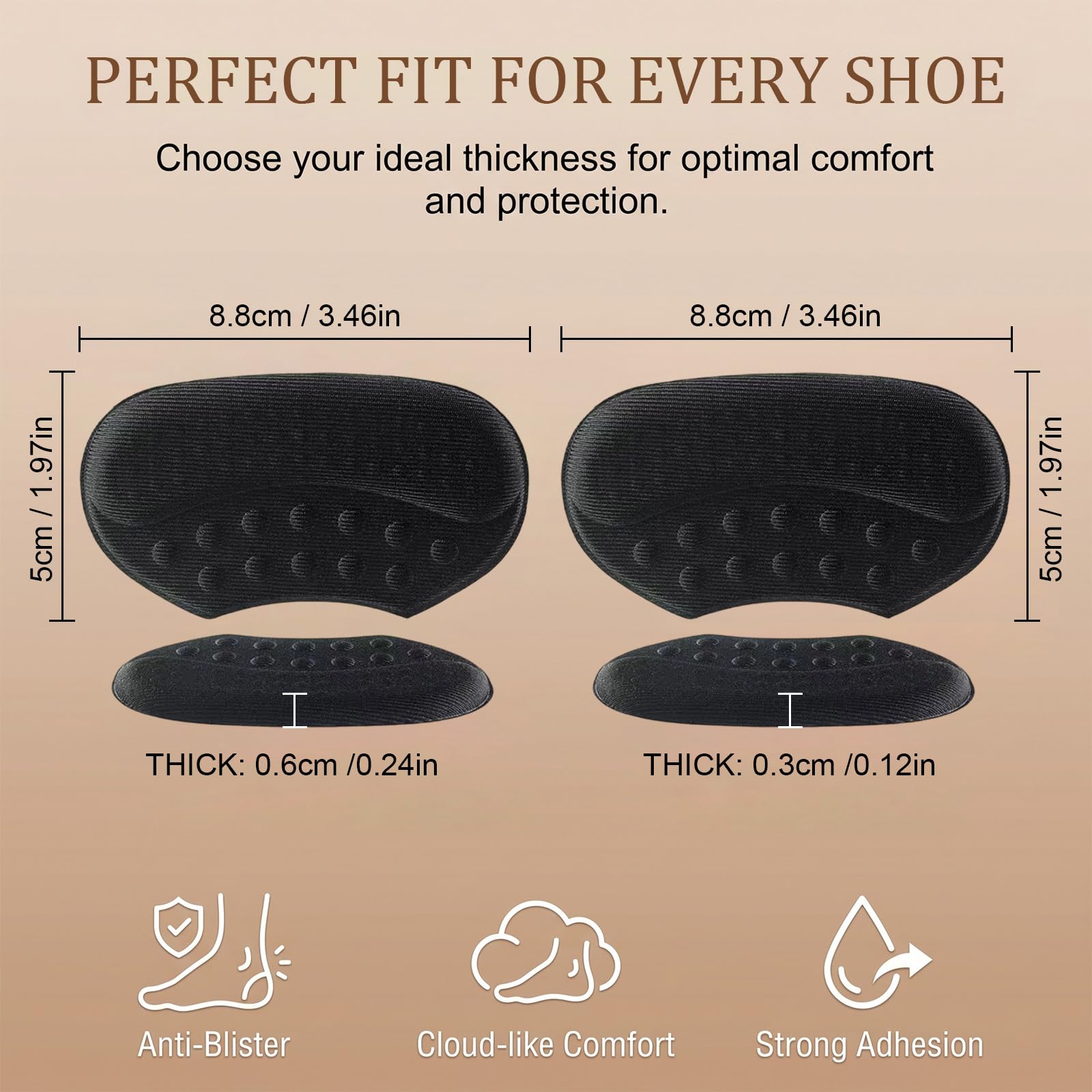 4 Pares de Taloneras para Zapatos, Reductor de Talla Zapato y Protector de Talón contra Rozaduras, Almohadilla Talón Autoadhesiva para Zapatos Grandes, 2 Grosores (3mm y 6mm), Negro y Beige