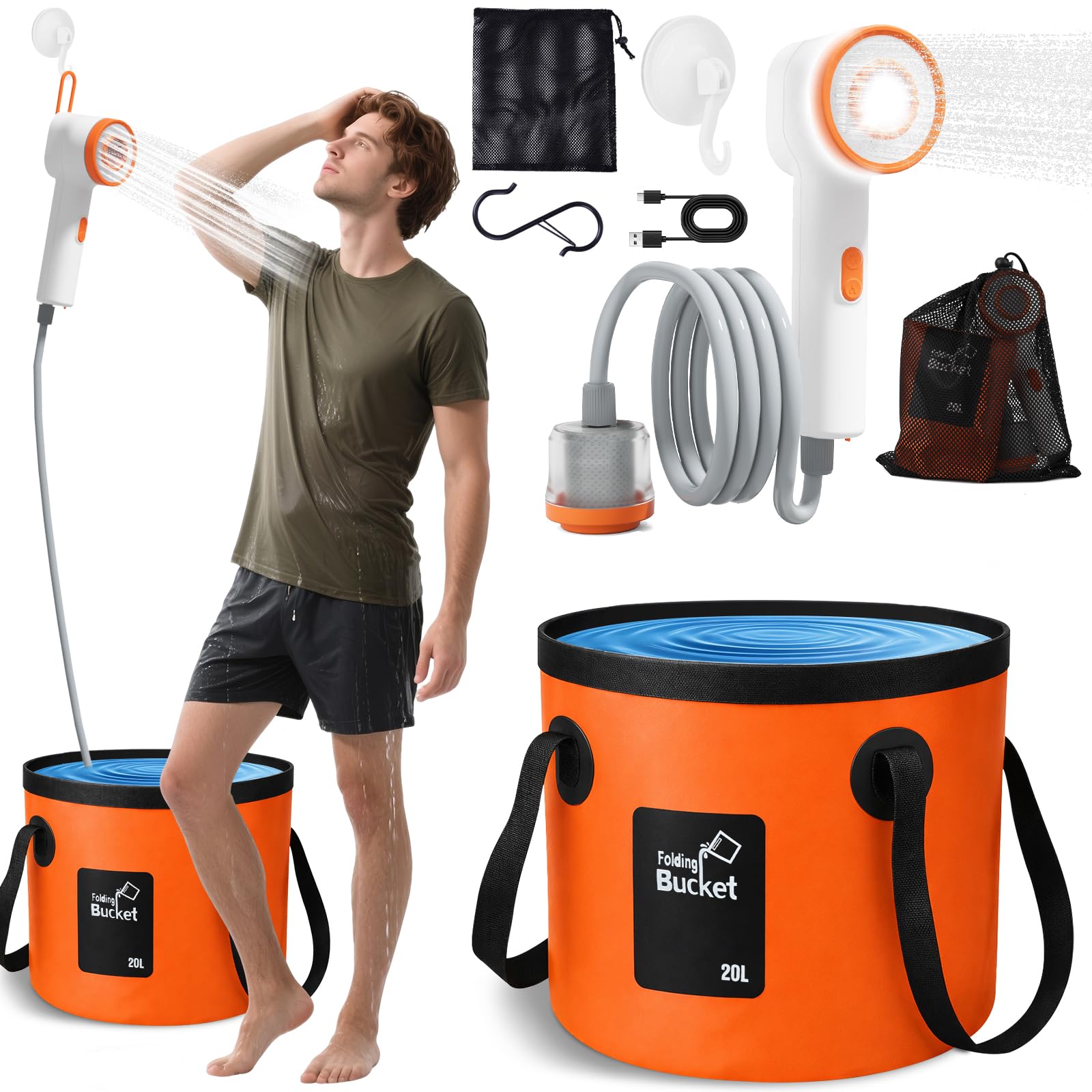 Goody King Ducha Portatil Camping con Bomba Batería 6000mAh – Kit Ducha Agua con Cubo Plegable 20L, Cabezal 3 Modos, Manguera 2m, IPX7, Carga USB-C – Ducha Camper Furgoneta Exterior Perro Jardín