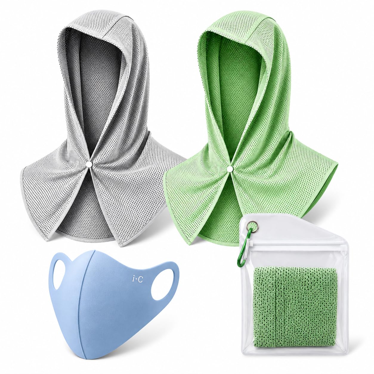 Cooling Hoodie Towel UPF 50 Sun Protection Neck Gaiter, 2 Pack Breathable UV Head Scarf with Cooling Face Mask, Storage Bag & Carabiner, Quick Dry Cooling Hood for Fishing Hiking Cycling Outdoor