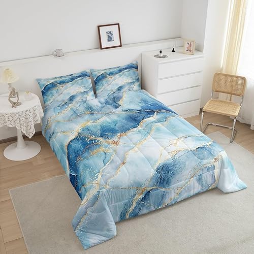 Miniatura 10 de Juego de edredón de arte abstracto, color verde azulado, azul, dorado, textura de mármol, juego de edredón de lujo natural para niños y niñas,