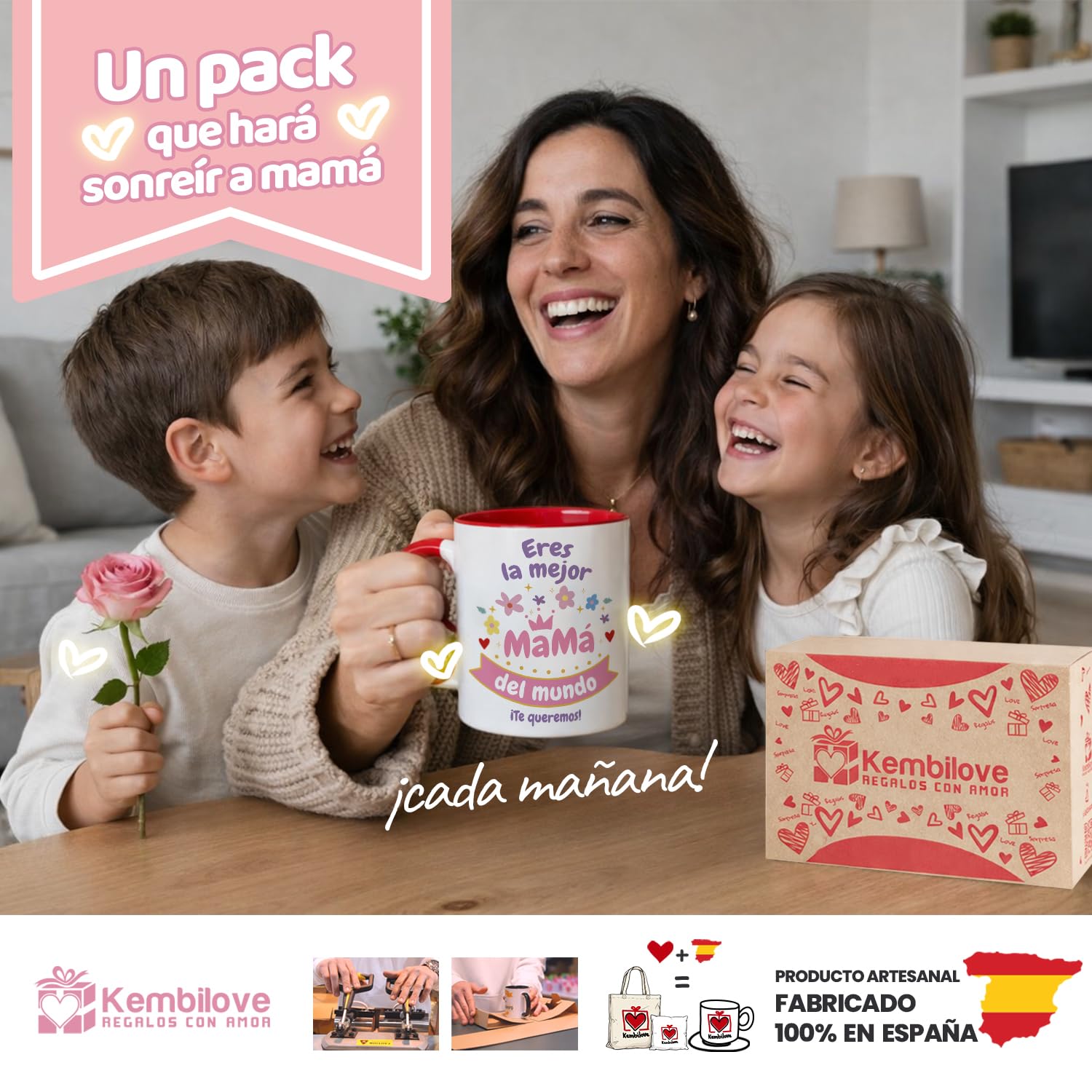 Kembilove® Pack Regalo Mamá – Kit con Taza, Cojín y Bolsa – Regalo Original para Madre Cumpleaños Día de la Madre – Caja Regalo con Tarjeta - 4