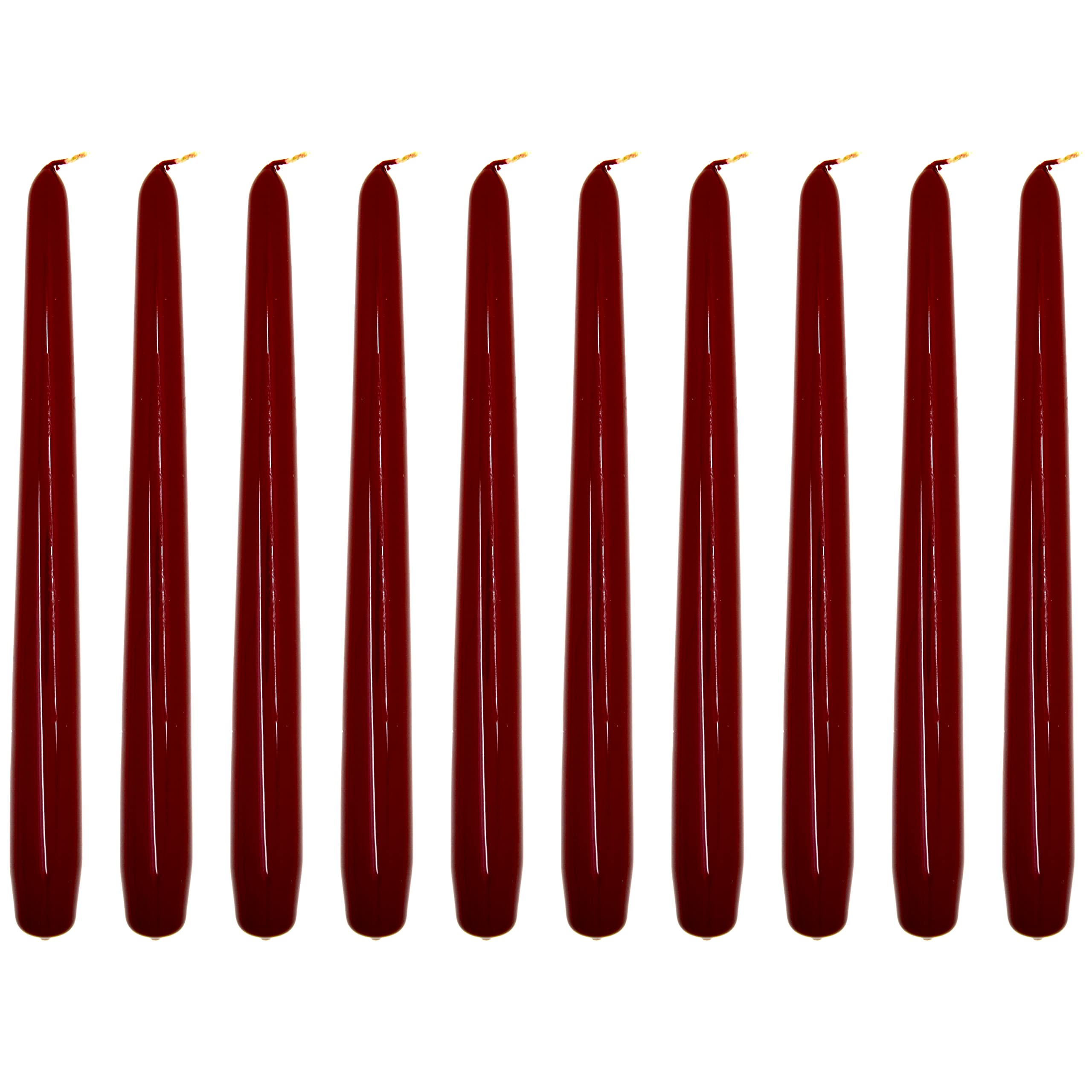 Tapered Dinner Candles, Pack of 10, Unscented, Long Burning Time, 24 cm / 9.45" (Burgundy, Varnished)