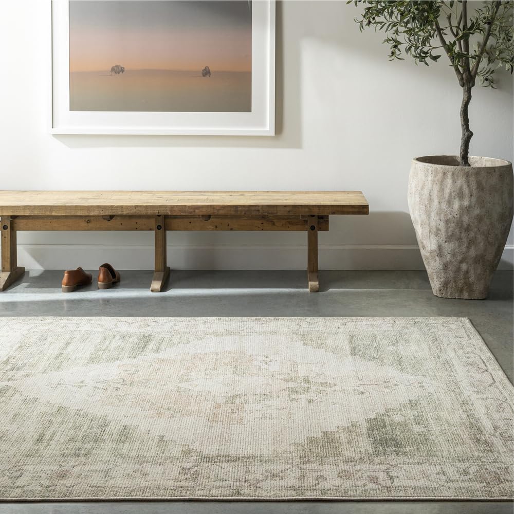 Livabliss x Becki Owens Luca Tapis Vintage 160x213 cm - Style Bohème Traditionnel - Tapis Salon, Salle à Manger & Cuisine - Entretien Facile - Ivoire, Vert Olive & Beige