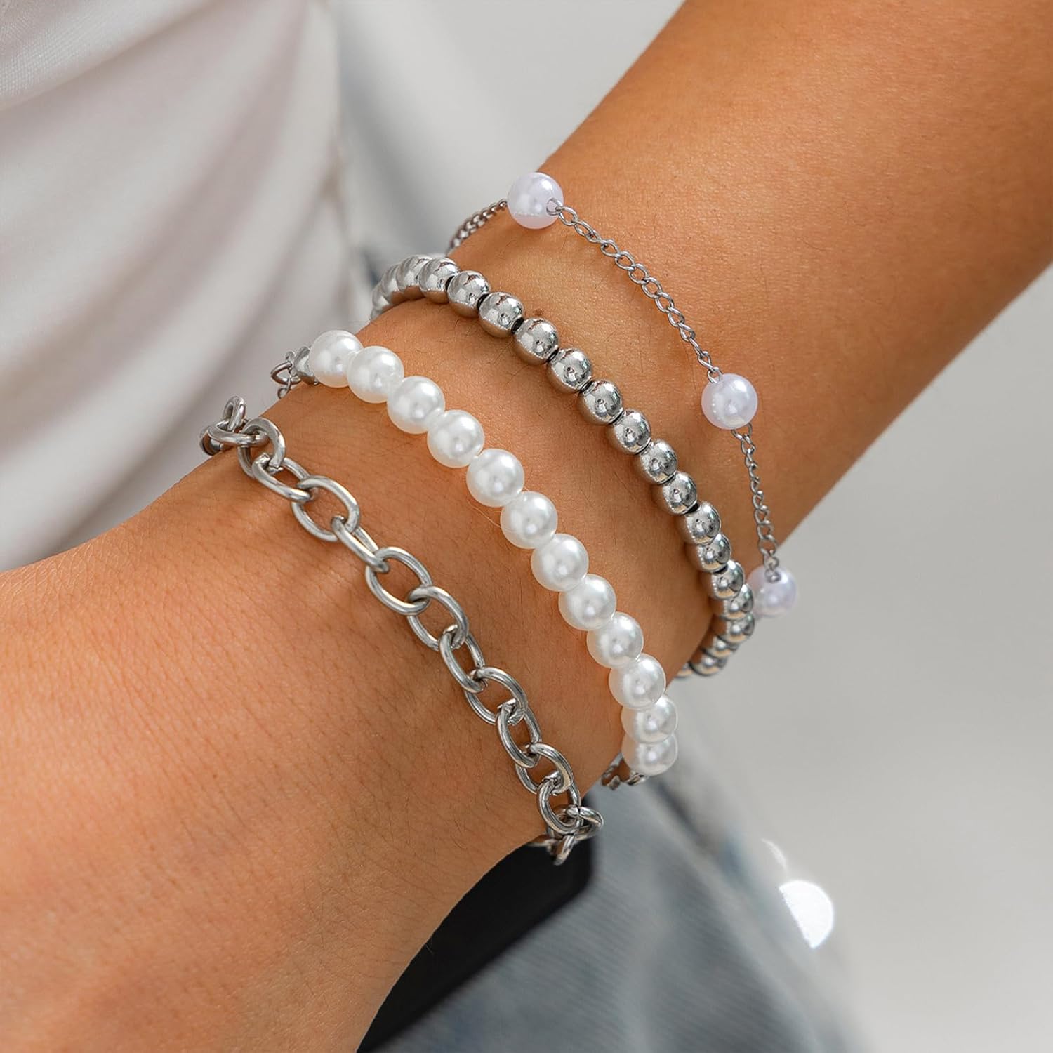 Gold Pearl Bracelets for Women Dainty 14K Gold Plated Stack Set Trendy Stackable Non Tarnish Cuban Link Chain Bracelets Jewelry Sets Gifts for Womem - Image 2