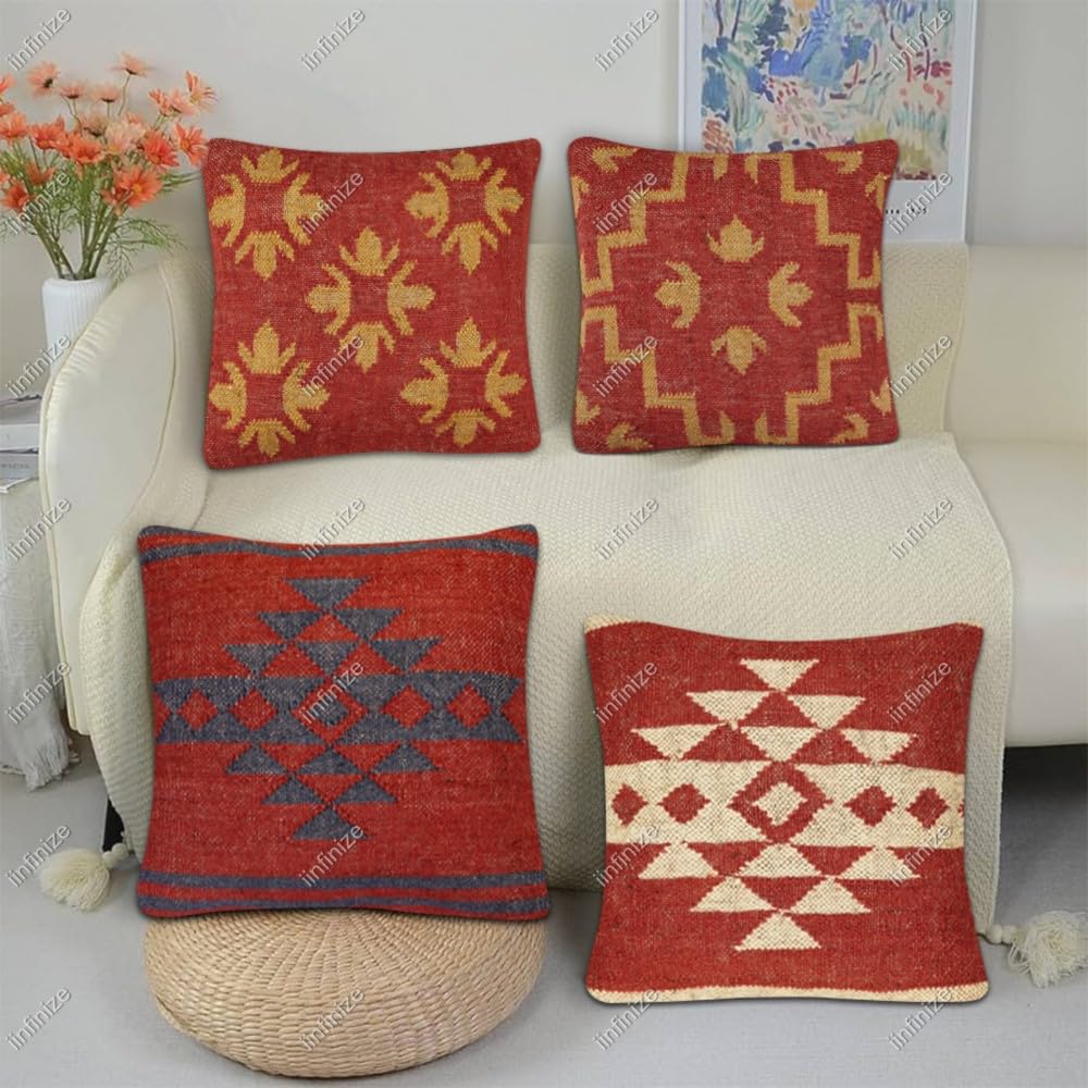 Coussin Kilim bohème pour chaise de salon, lot de 4 housses en laine et jute 45x45cm