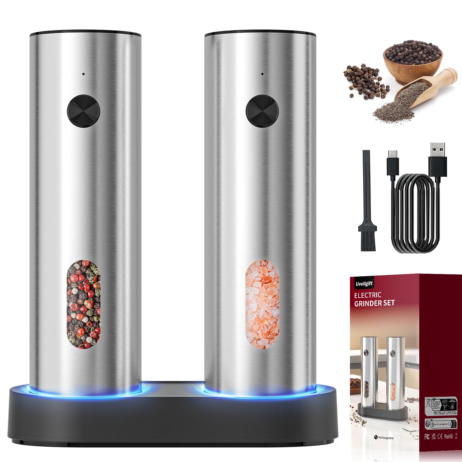 Electric Salt and Pepper Grinder Set: Automatic Rechargeable Salt and Pepper Shakers with USB Charging Base, Adjustable Coarseness, 110ml Large Capacity, Stainless Steel Pepper Grinder for Kitchen