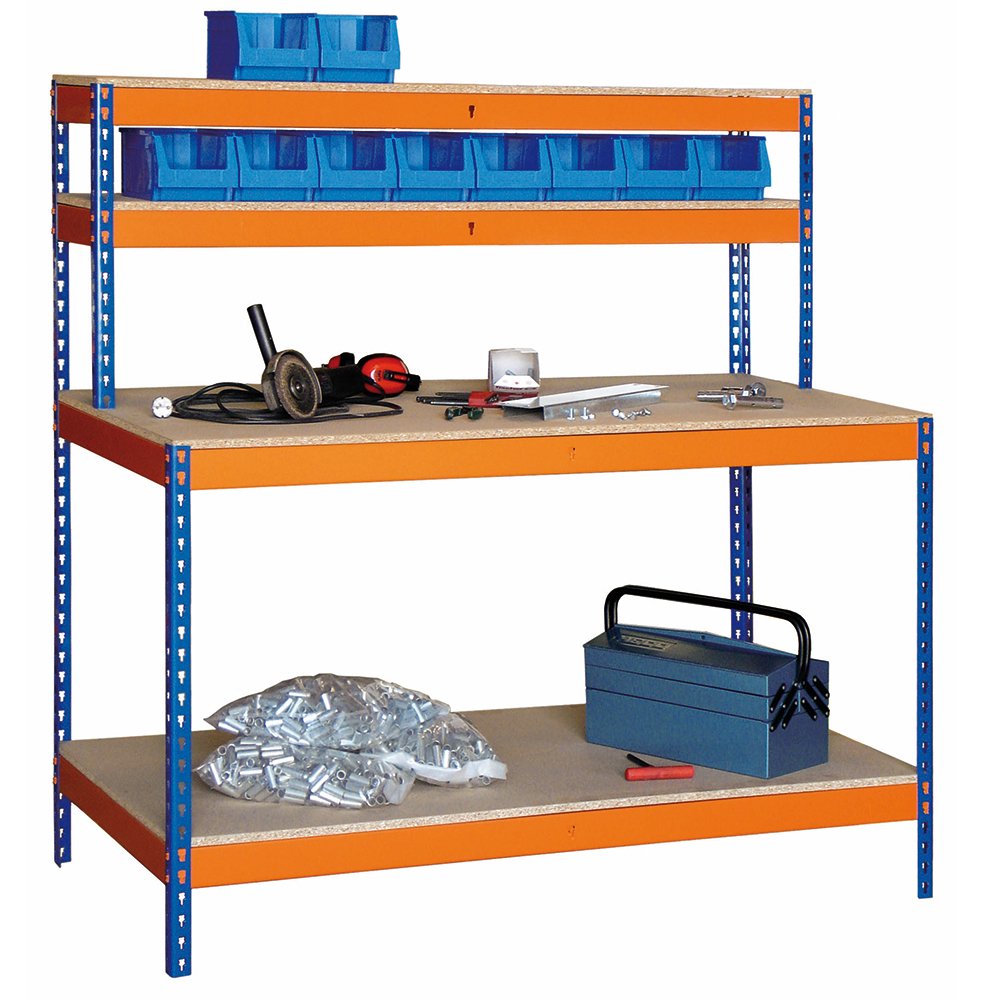 Banco de Trabajo BTE/1500 con 2 niveles y Repisa superior. Med. 1500 x 1500 x 750 mm. Capacidad de Carga 600 kgs.