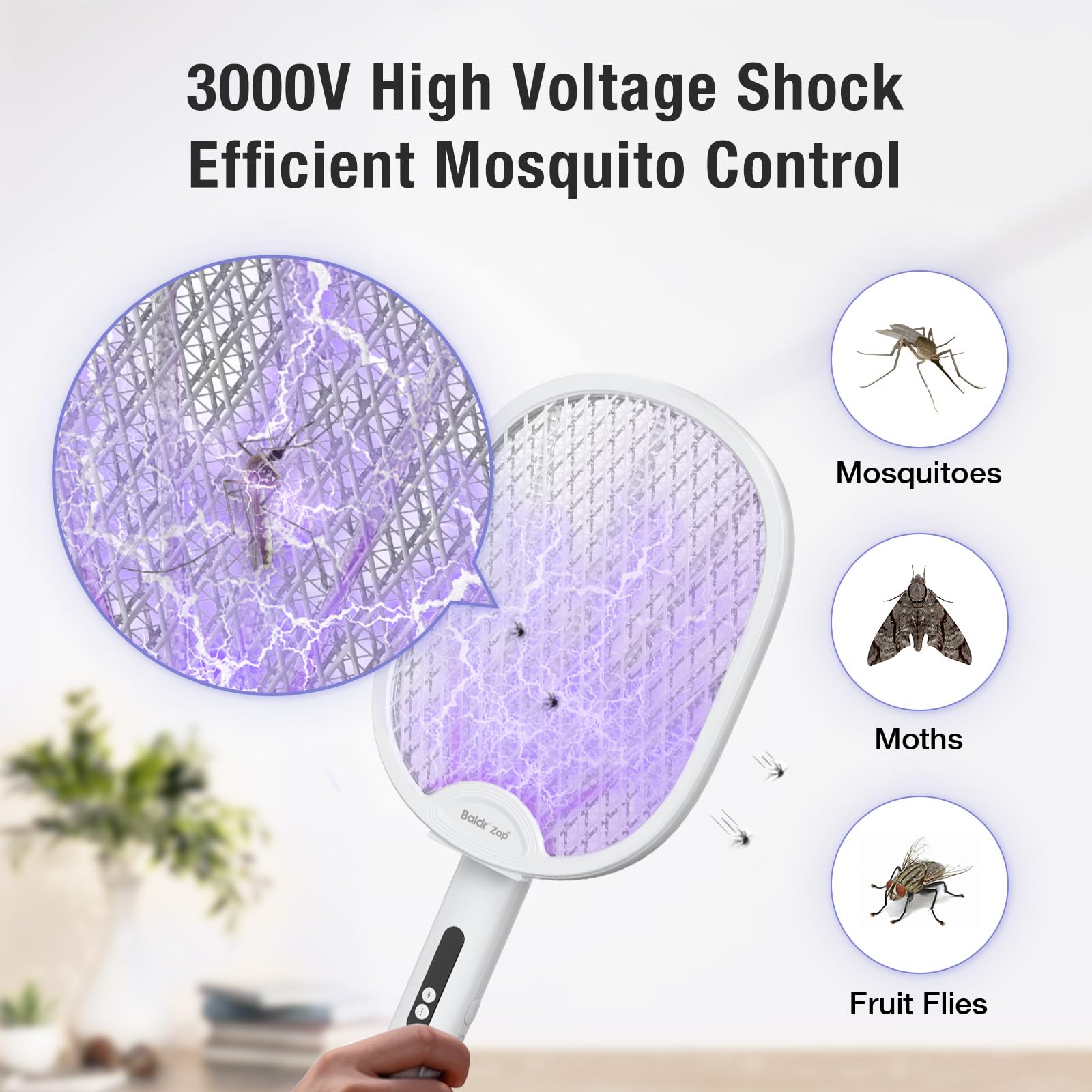 Matamoscas Eléctrico 3000V Repelente de Insectos Recargable - Repelente de Mosquitos de Doble Modo con luz púrpura, Red de Seguridad de 3 Capas para el hogar, Dormitorio, Cocina, Oficina