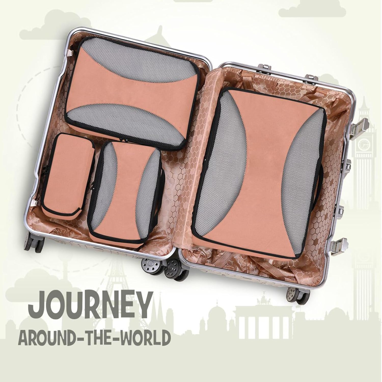 Dark Salmon Solid Color Pure Plain 4 Pcs set organizers and storage Mesh Travel Essentials lightweight set packing cubes