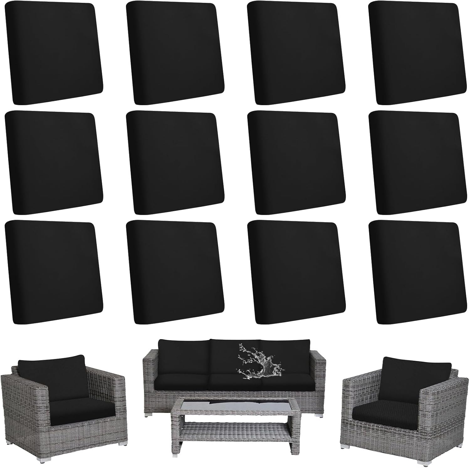 JTKDG 12Pcs Stretch Patio Cushion Covers Waterproof Outdoor Couch Sofa Replacement Slipcovers for Patio Furniture Cushion Covers, Washable Reusable Furniture Protector (Black)