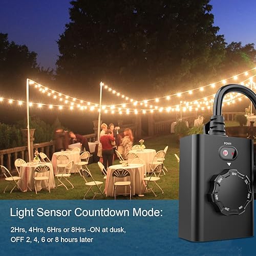 Miniatura 7 de New One Paquete de 2 temporizadores de luz para exteriores con sensor, enchufe impermeable del atardecer al amanecer con 2 tomas de tierra,