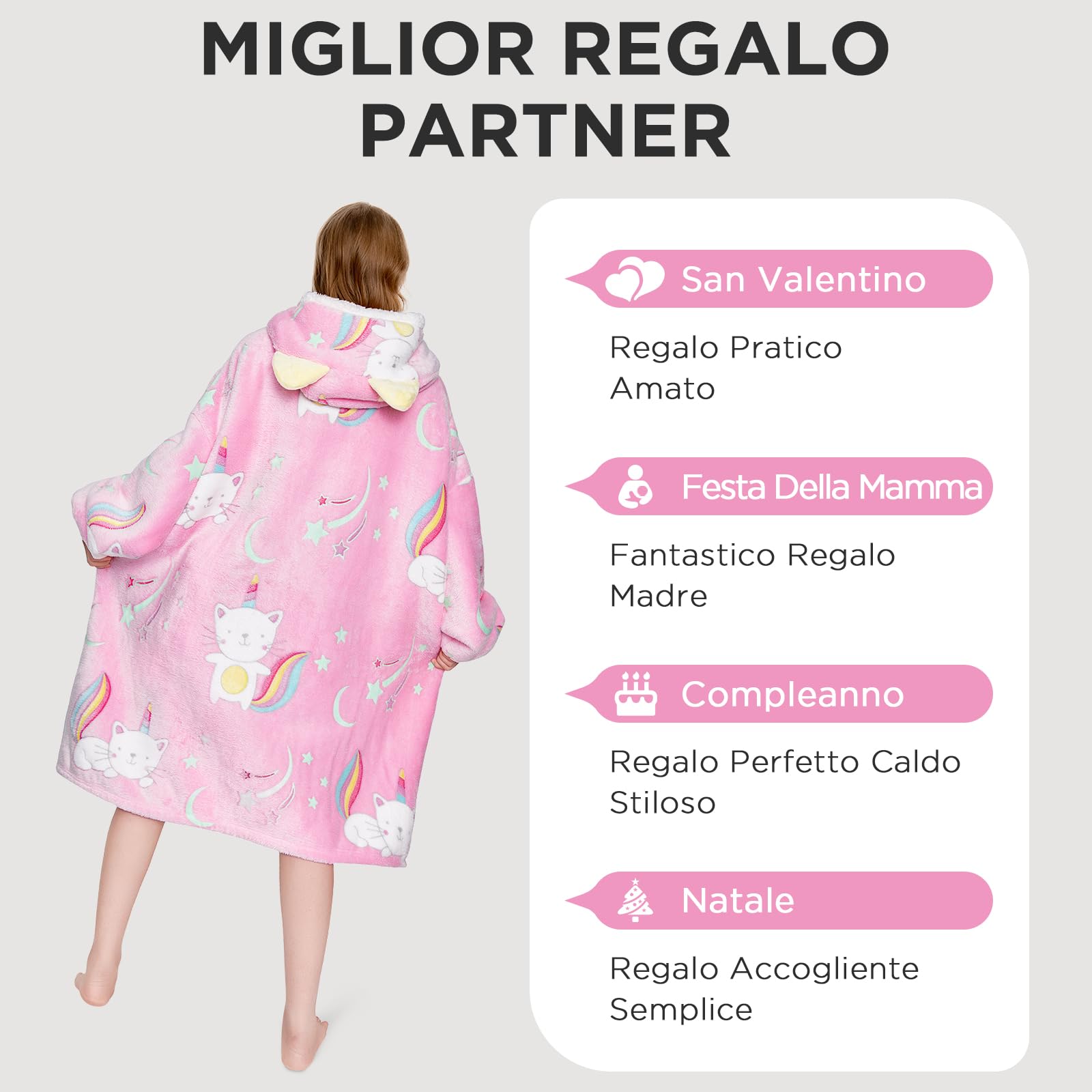 OLAOLA Gatto Felpa con Cappuccio Indossabile che si Illumina al Buio,Felpa Oversize con Cappuccio e Tasche, un Grazioso Regalo di Compleanno e Natale per Adulti