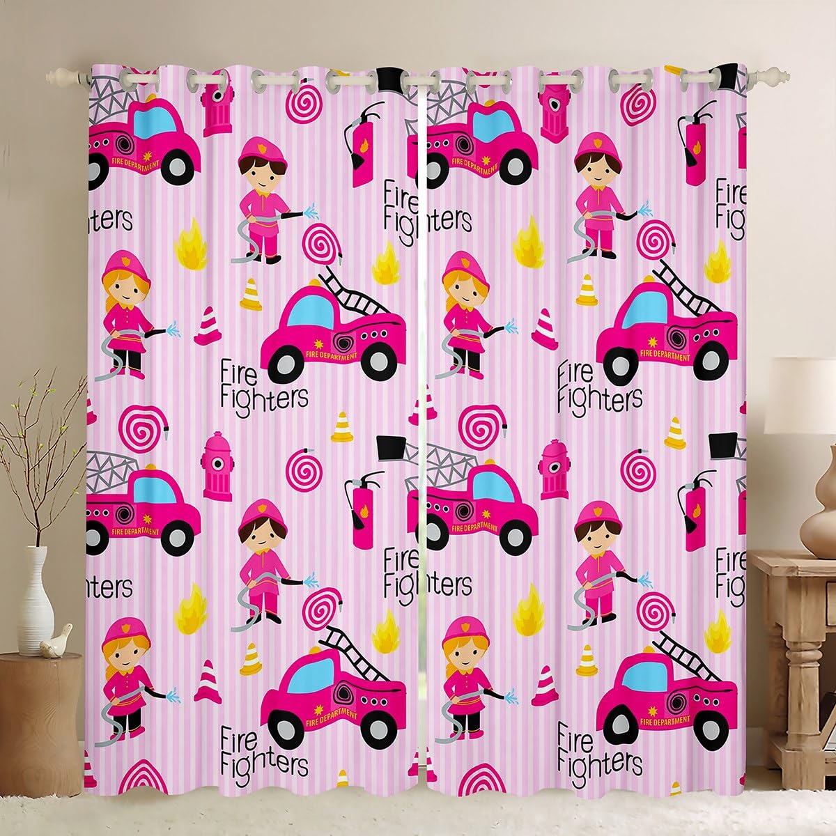 Girls Pink Fire Truck Blackout Curtains 38