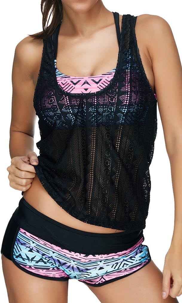 EUDOLAH Women Tribal Printed Tankini Set Soft Elastic Swimsuits with Boyshort Three Piece Bikini