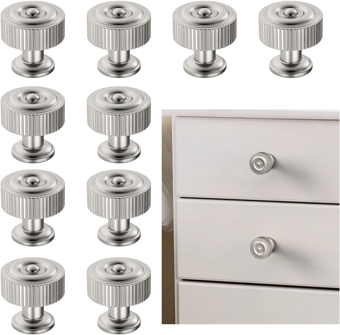 FILTA 10 Pack Brushed Satin Nickel Cabinet Knobs - Ribbed Design Zinc Alloy Dresser Drawer Cabinets Hardware for Furniture Kitchen Bathroom