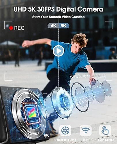 Miniatura 2 de Cámara digital 5K para fotografía, cámara WiFi con pantalla táctil de 64 MP con enfoque automático 6X óptico y zoom digital 16X, cámara de vlogging