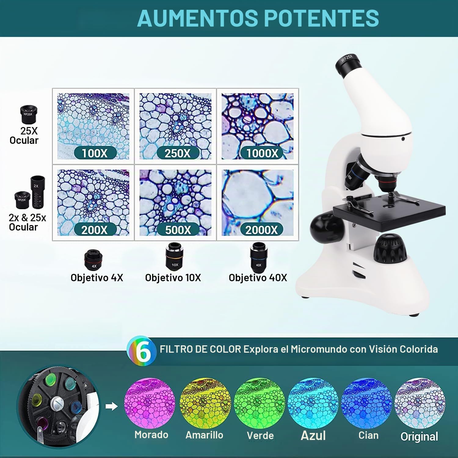 USCAMEL Microscopio 40X-2000X LED Dual Lentes de Vidrio Óptico Microscopios Monoculares de Lab para Niños Estudiantes Adultos Colegio Educación en Casa con Diapositivas, Kits de Ciencia