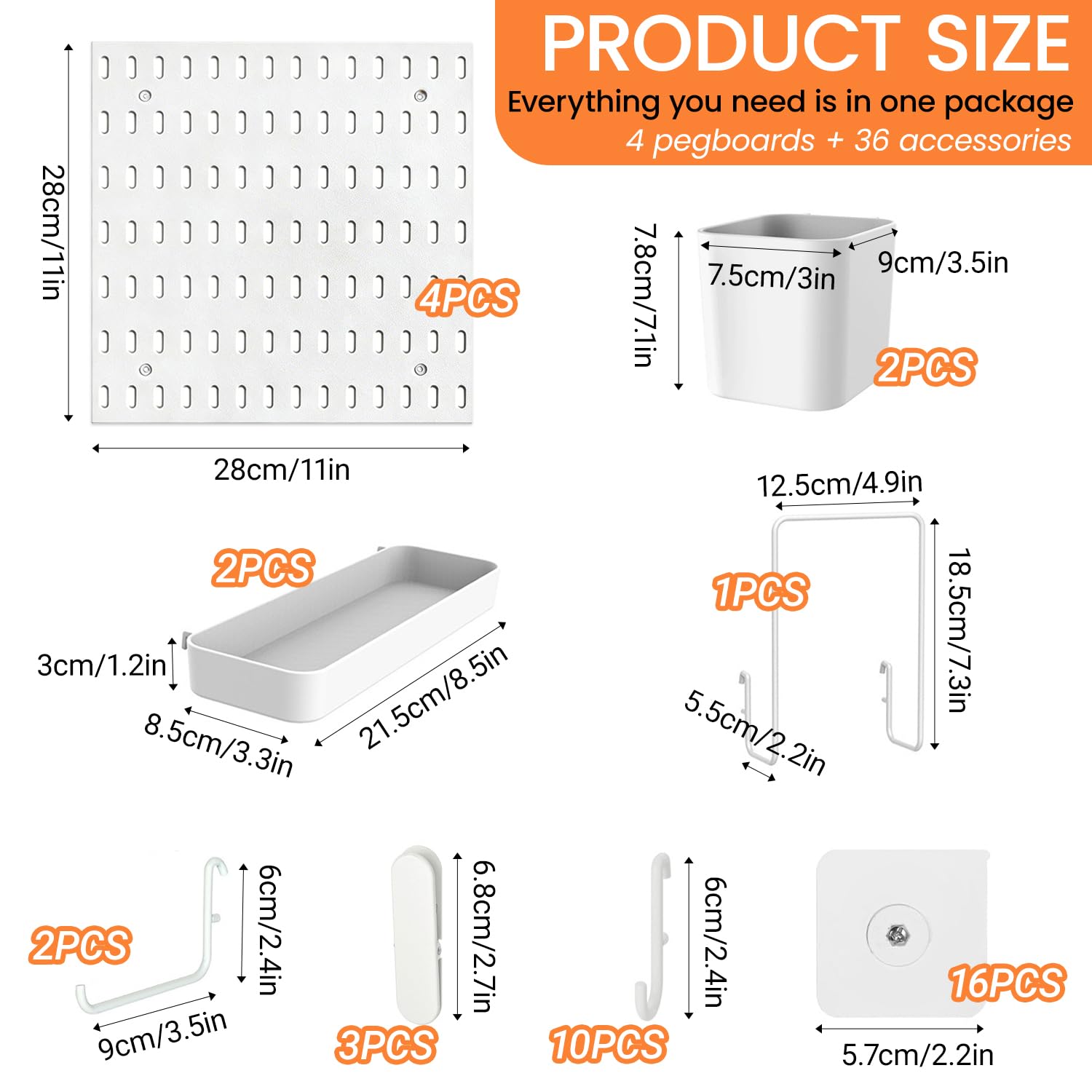 Stecktafel-Kombinationsset, Kunststoff Stecktafel Set, Werkzeugwand mit 4 Stecktafeln (28x28cm) + 36 Zubehör für Aufräumen und Organisieren, Weiß Wand Organizer für Küche, Wohnzimmer, Büro