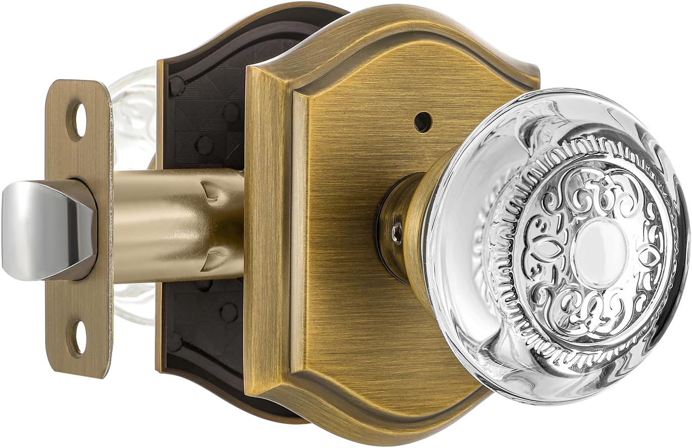Glass Door Knobs Interior with Lock, Vintage Crystal Privacy Antique Brass Door Knobs for Bedroom Bathroom, 1 Pack Privacy 1 Pack Antique Brass