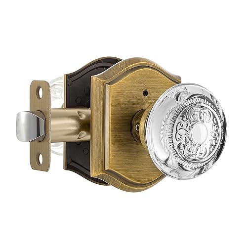 CLCTK Glass Door Knobs Interior with Lock, Vintage Crystal Privacy Antique Brass Door Knobs for Bedroom Bathroom, 1 Pack