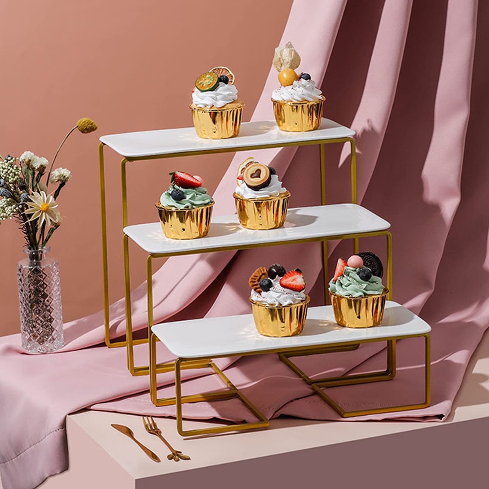 Présentoir à gâteau en fer forgé doré - Table à dessert simple avec plateau en céramique - Présentoir à cupcakes de mariage - Plateau de service rectangulaire - Support à dessert (taille : S)