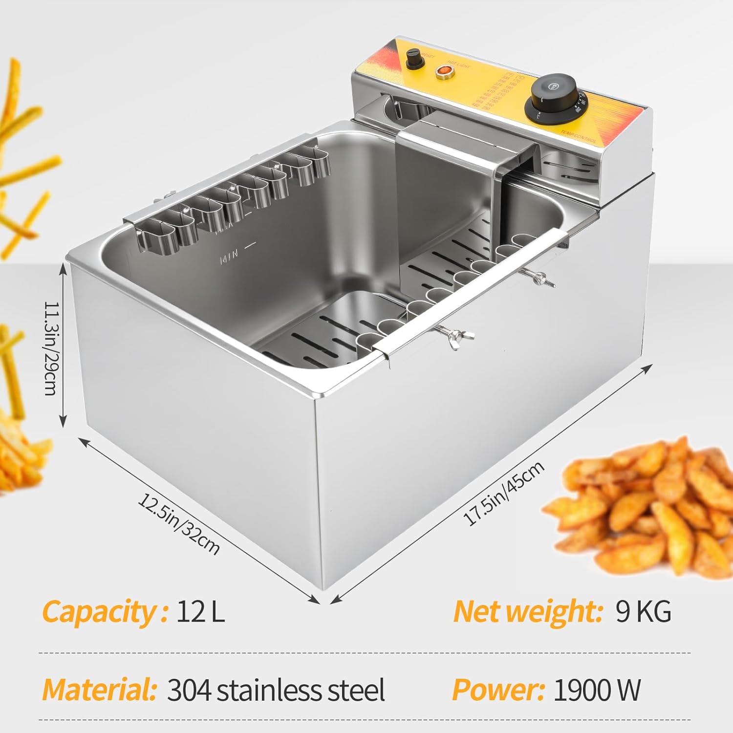 Commercial Deep Fryer, 12 Liter Electric Fully Automatic Cheese Hot Dog Sausage Grill Oven Strip Deep Fryer Large Capacity Electric Deep Fryer 50-200℃ Temperature Adjustable