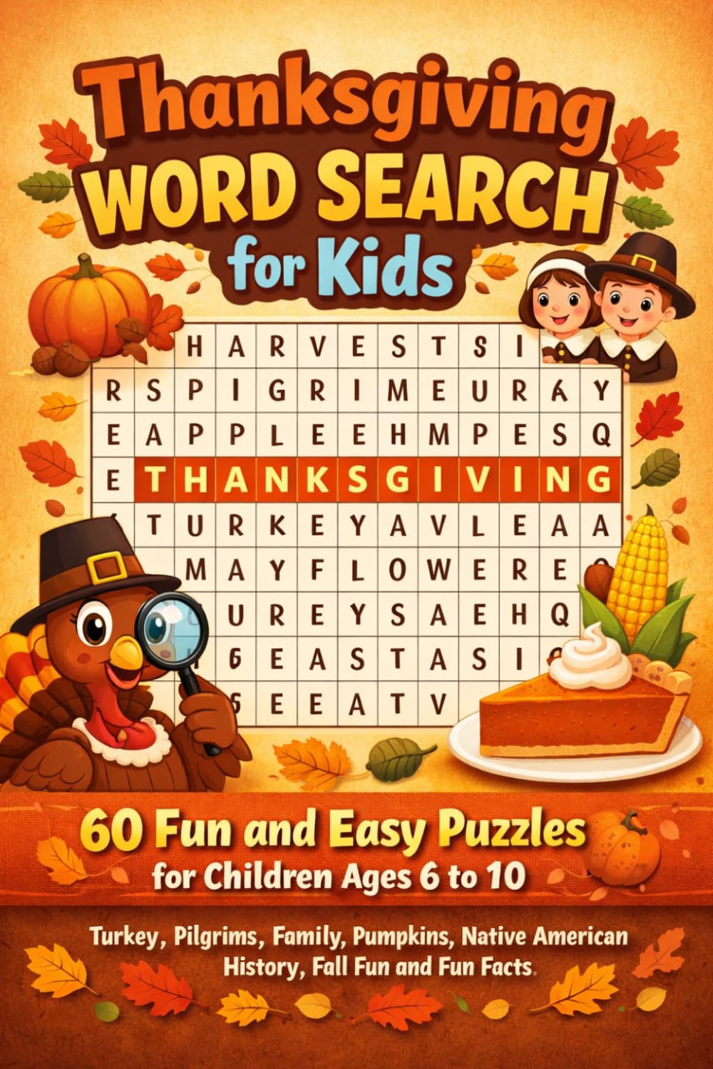 Thanksgiving Word Search for Kids: 60 Fun and Easy Puzzles for Children Ages 6 to 10: Turkey, Pilgrims, Family, Pumpkins, Native American History, ... Solutions (Thanksgiving Word Search Puzzles)