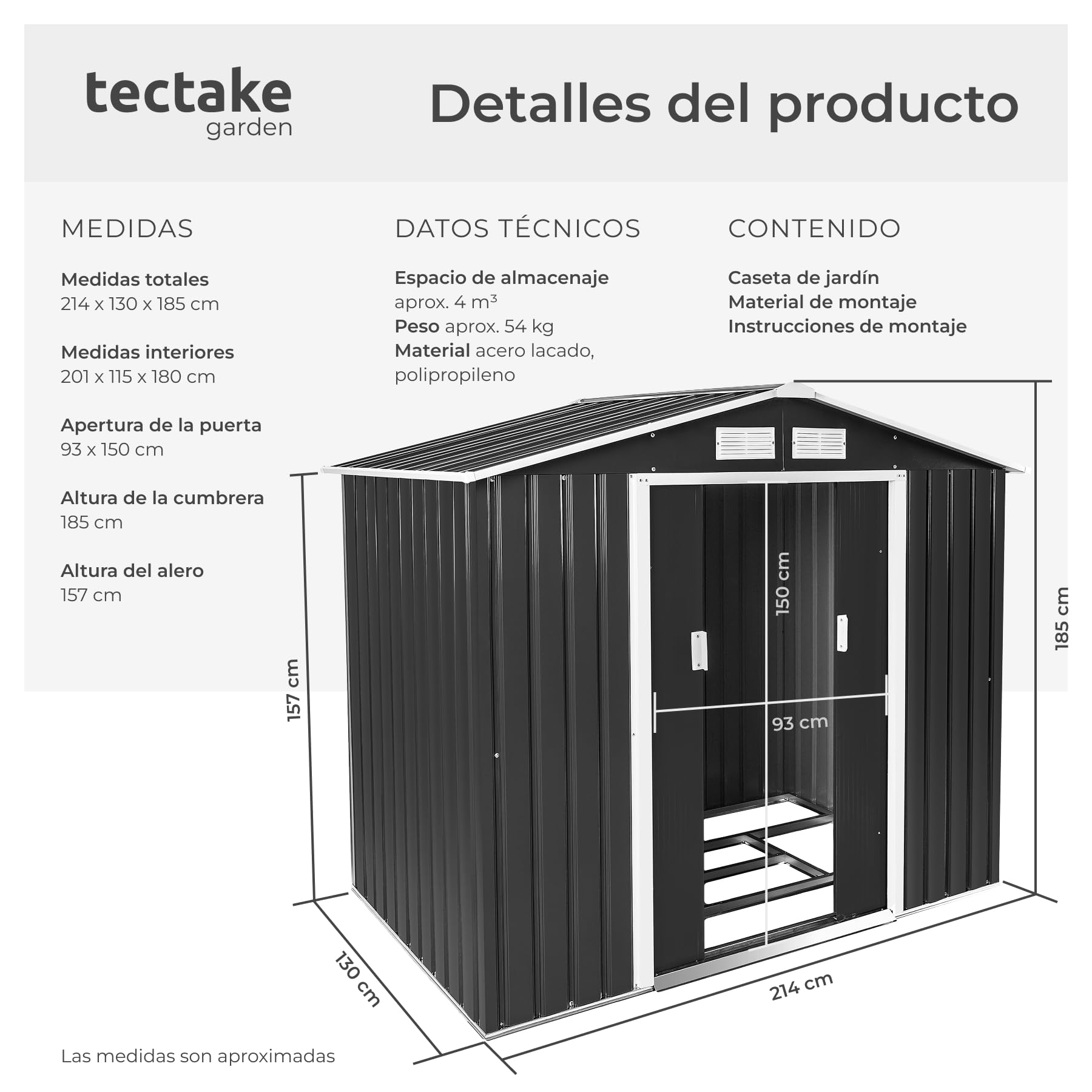 tectake® Cobertizo Jardín Metálico, Caseta Jardin Exterior, Almacenaje Herramientas Jardín, Bicicletas, Armario Jardin Exterior Metálico, Puerta Corredera, Volumen de 4,2 m³ - Gris/Blanco
