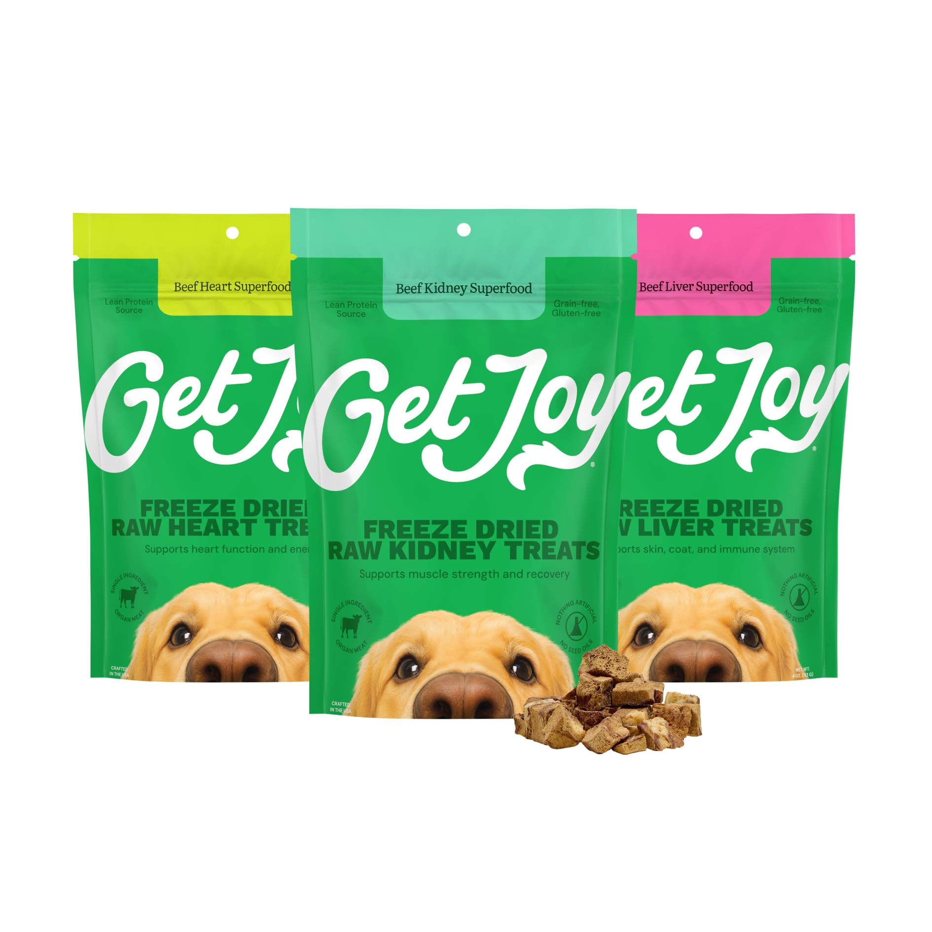Get Joy Freeze Dried Superfood 100% Beef Heart, Kidney, Liver Dog Treats Variety Pack, 4 Ounce (Pack of 3), Single Ingredient Organ Meat, High Protein