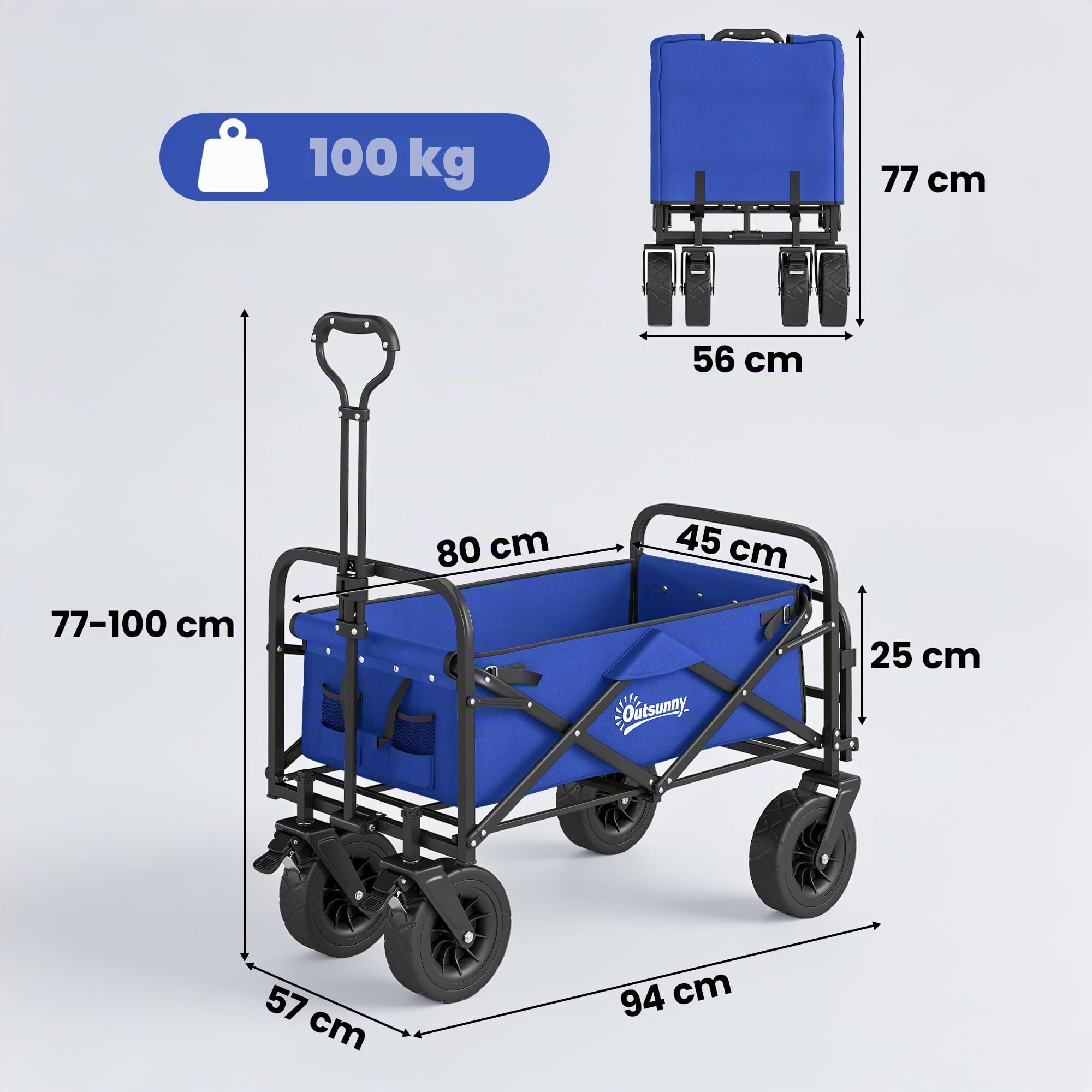 Outsunny Carro de Jardín Carro para Playa Plegable 100 kg Azul Oscuro | Longitud y Ángulo del Mango Ajustables, Puerta Trasera, Bolsa de Transporte, para Compra