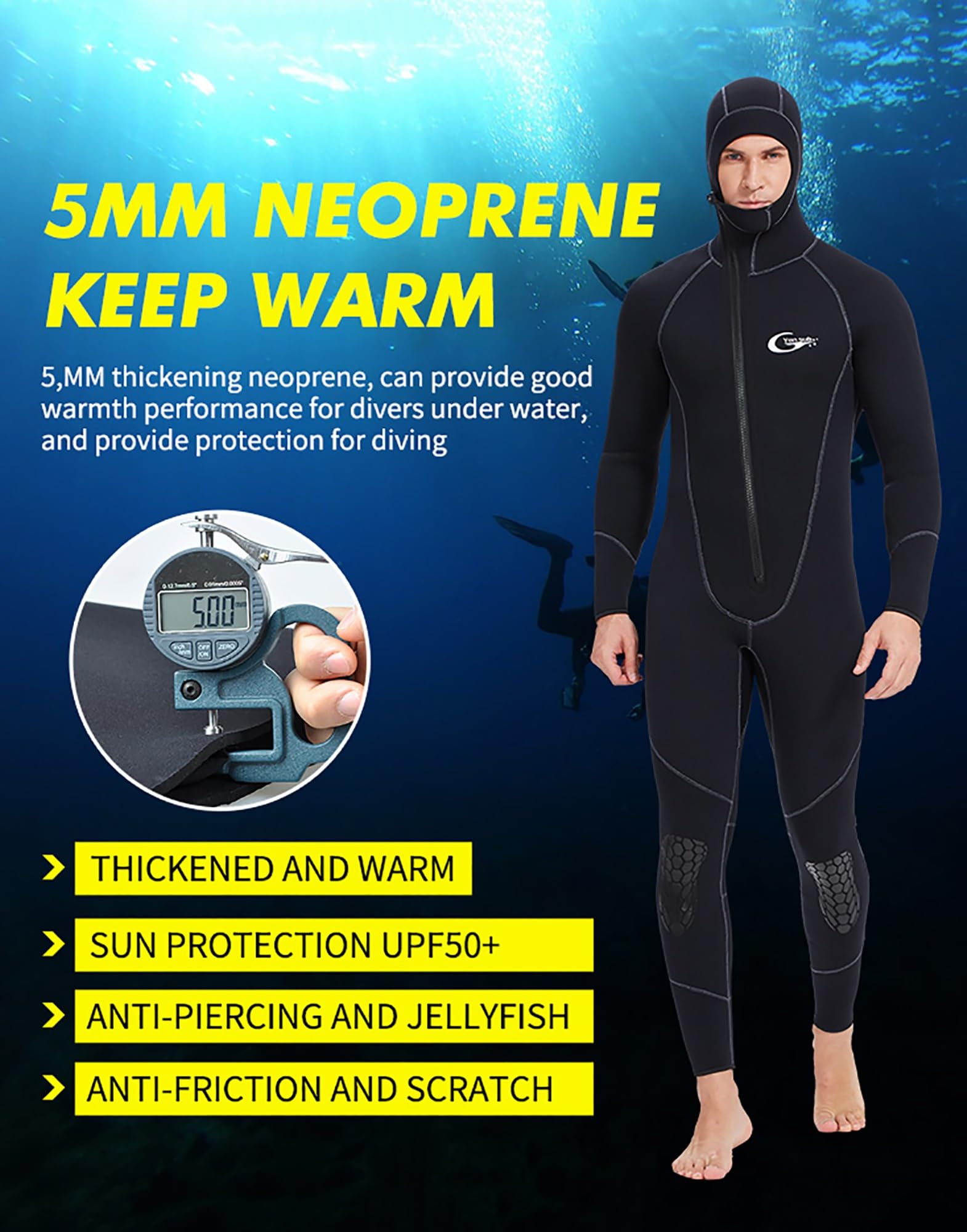 Mute da Uomo Muta in Neoprene Ultra Elasticizzata da 5 mm con Cappello, Muta da Sub Invernale Calda con Cerniera Frontale for tutto il Corpo for Snorkeling Immersioni Nuoto