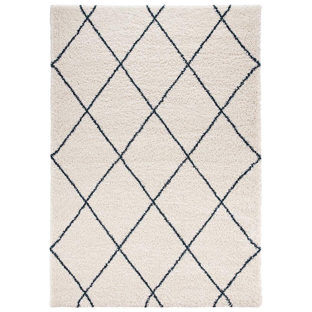 Mint Rugs Feel High Pile Living Room Rug Soft Fluffy Long Pile Shaggy Flokati Diamond Pattern for Living Room Kitchen Hallway or Bedroom Cream Petrol 80 x 150 cm