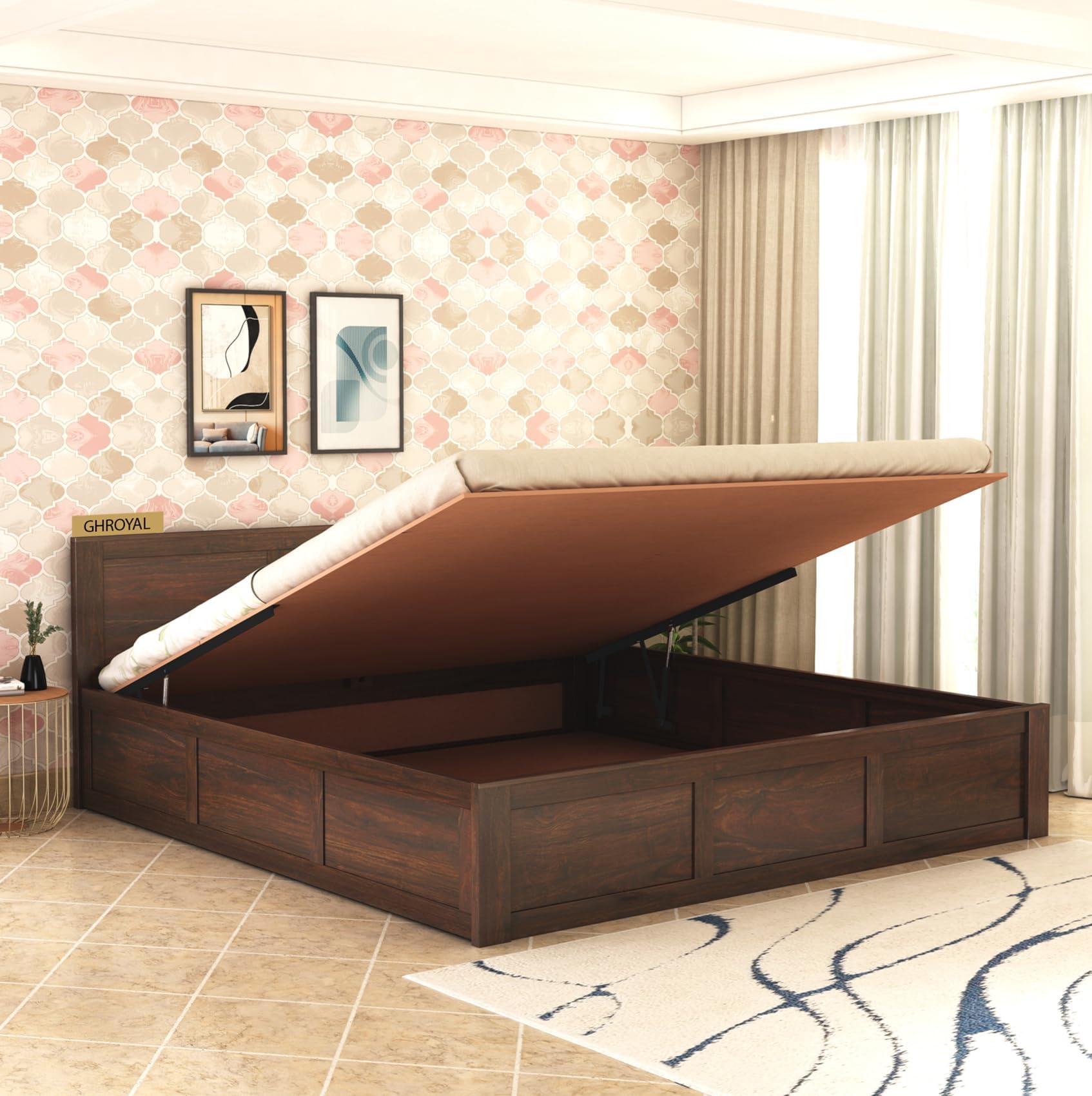 GHROYAL Solid Sheesham Wood King Size with Hydraulic Storage Double Bed for Bedroom Living Room Wooden Furniture Palang (Walnut Finish) | 1 Year Warranty (B0CZDQ84JR) Amazon Price History, Amazon Price Tracker
