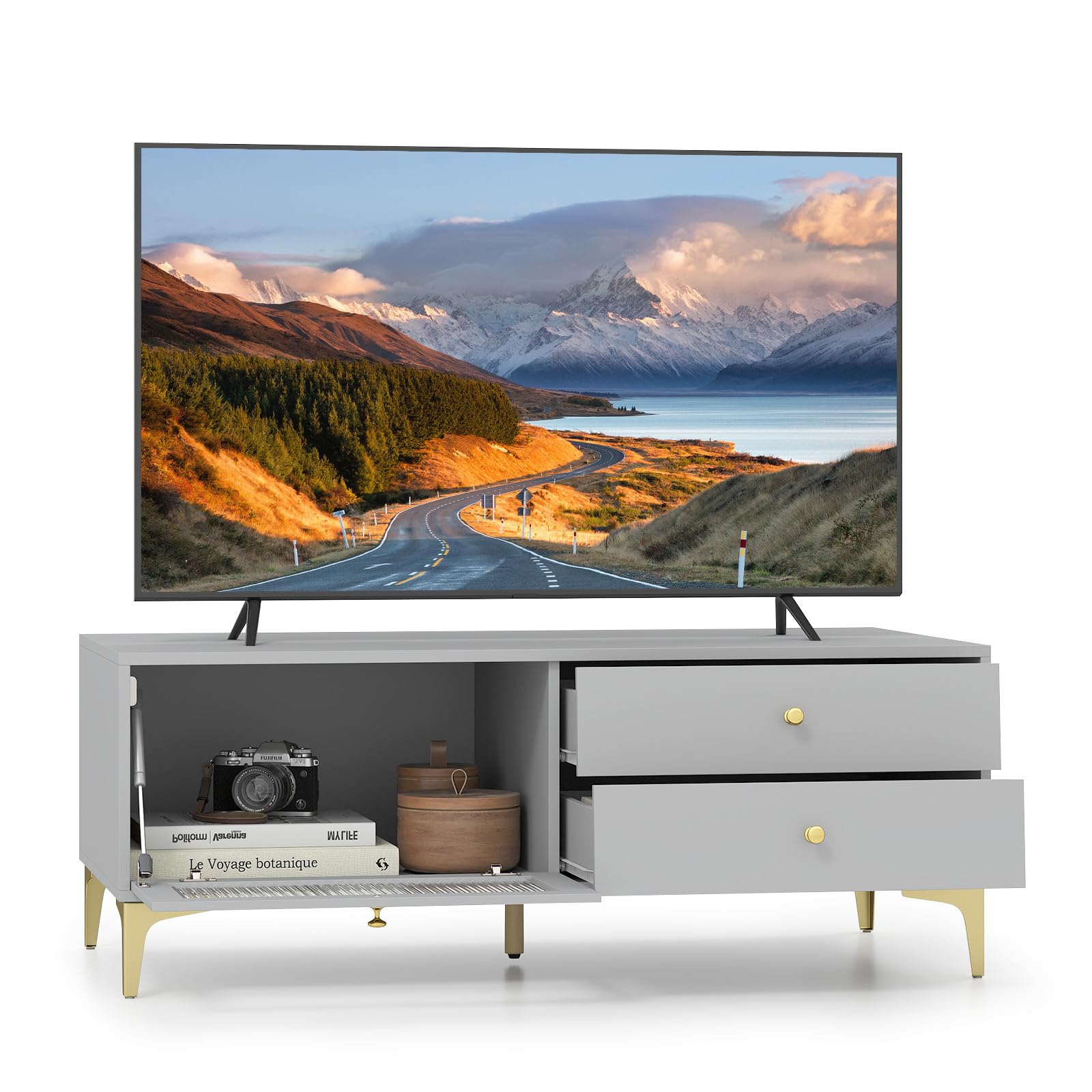 CASART TV Cabinet for TVs up to 55 inches, 120cm Wooden TV Stand Console Table with Glass Door Cabinet & 2 Drawers, Modern TV Unit Media Entertainment Center for Living Room Bedroom